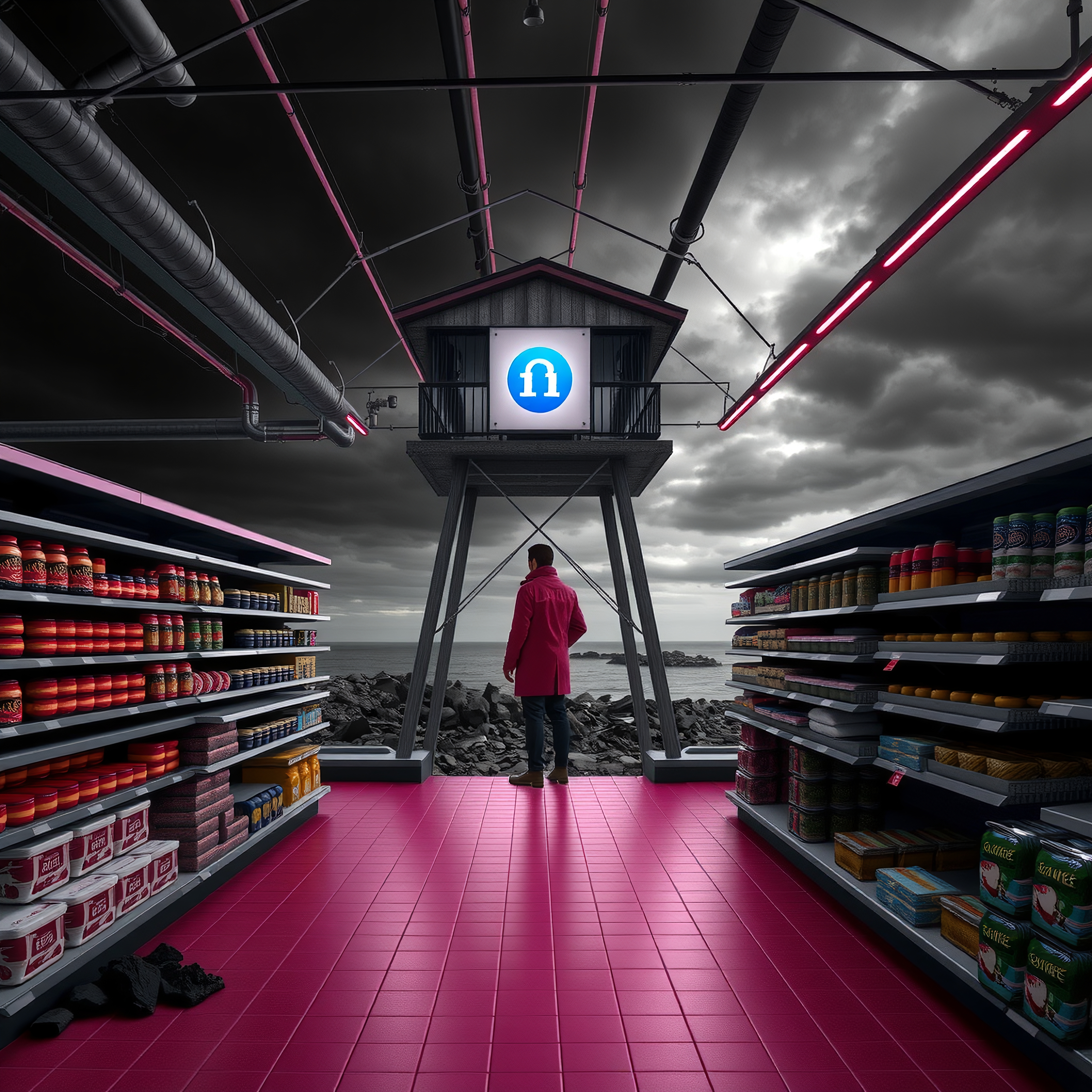Person in pink coat stands between grocery aisles with ocean backdrop.