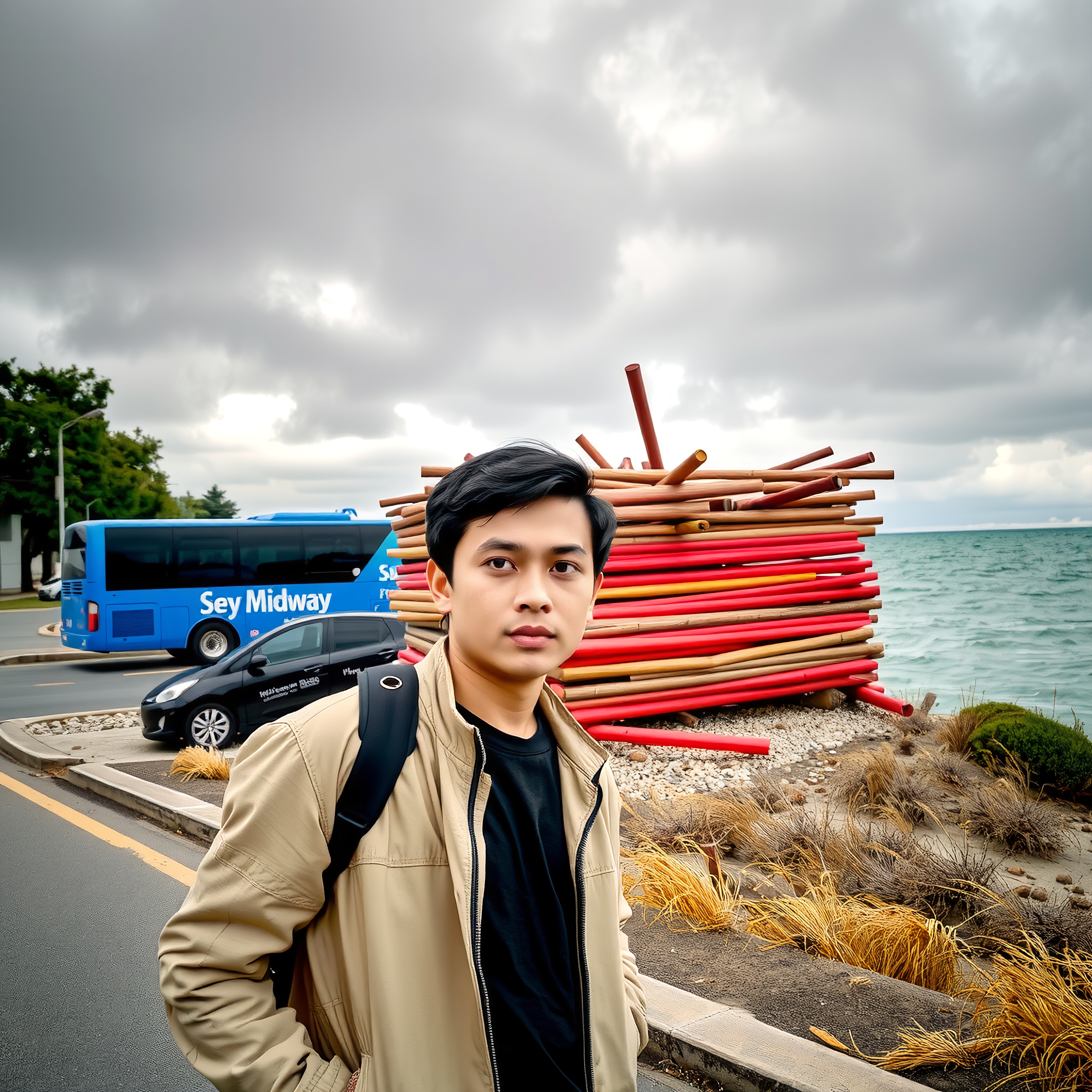 A young man with a backpack stands by the sea, with cloudy skies and a colorful art installation in the background.