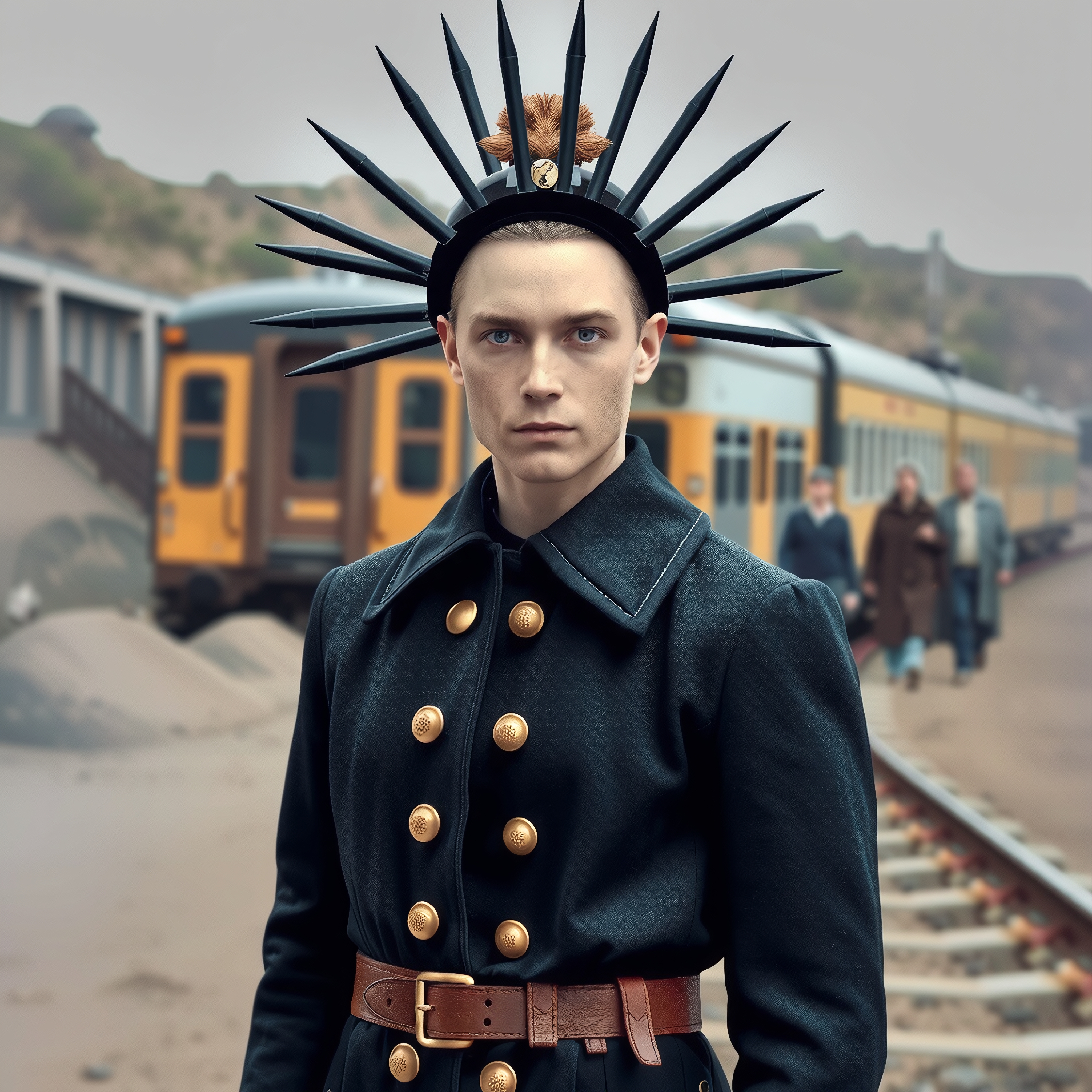 Person in dramatic outfit stands near vintage train wearing black coat with gold buttons and sunburst headpiece.
