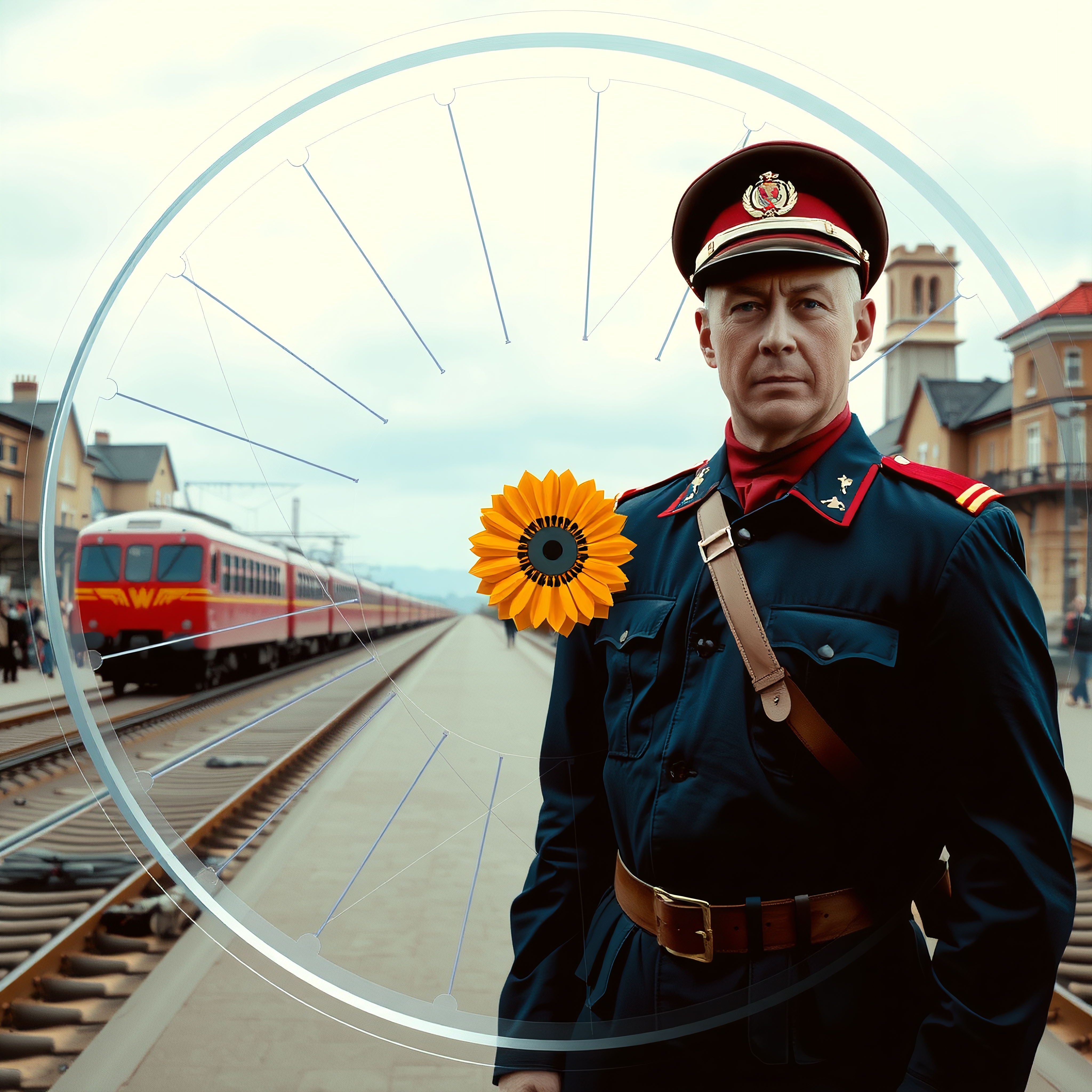 A man in a military uniform stands on a train platform with a sunflower pin.
