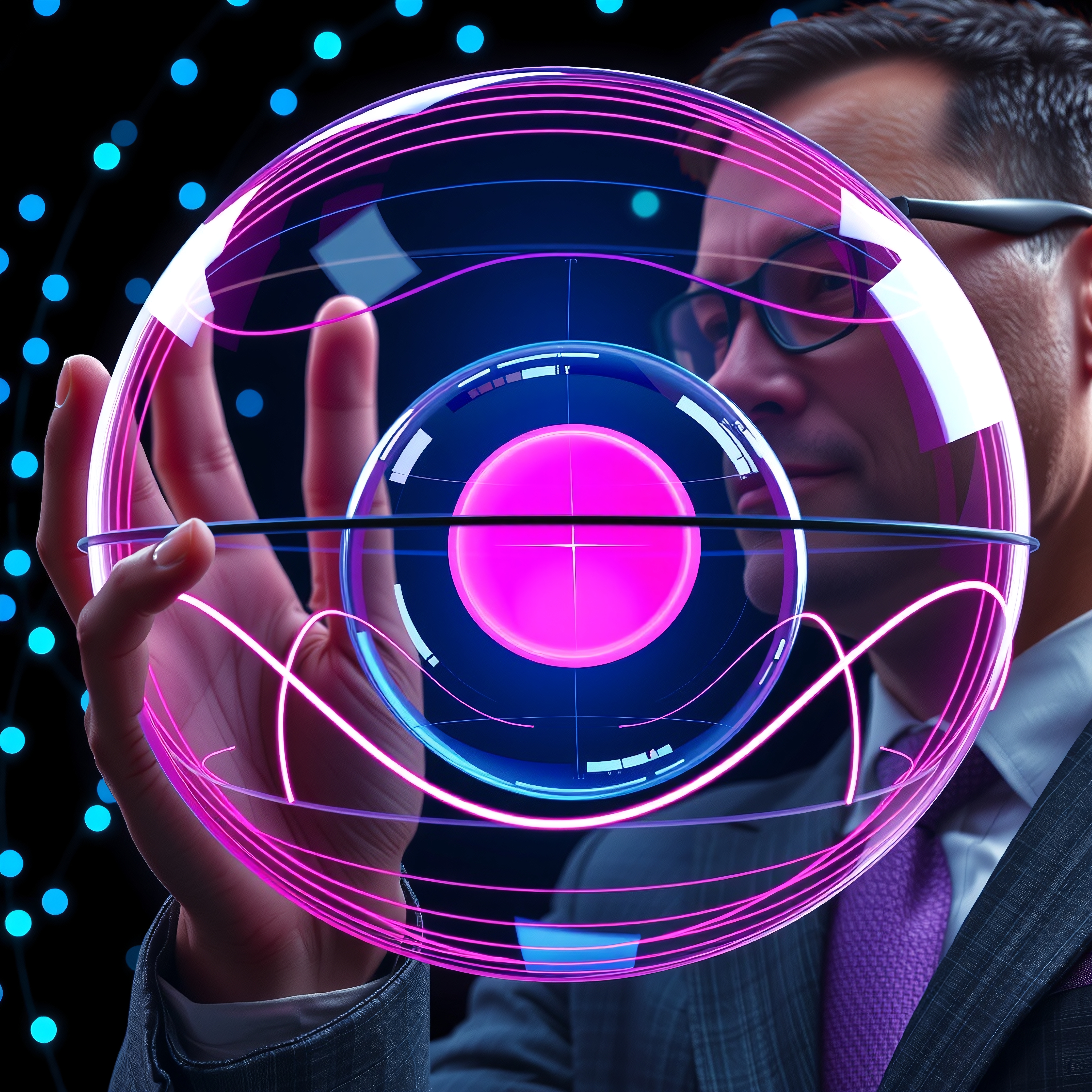 A man interacts with a holographic, neon-hued digital sphere, symbolizing futuristic technology and innovation.