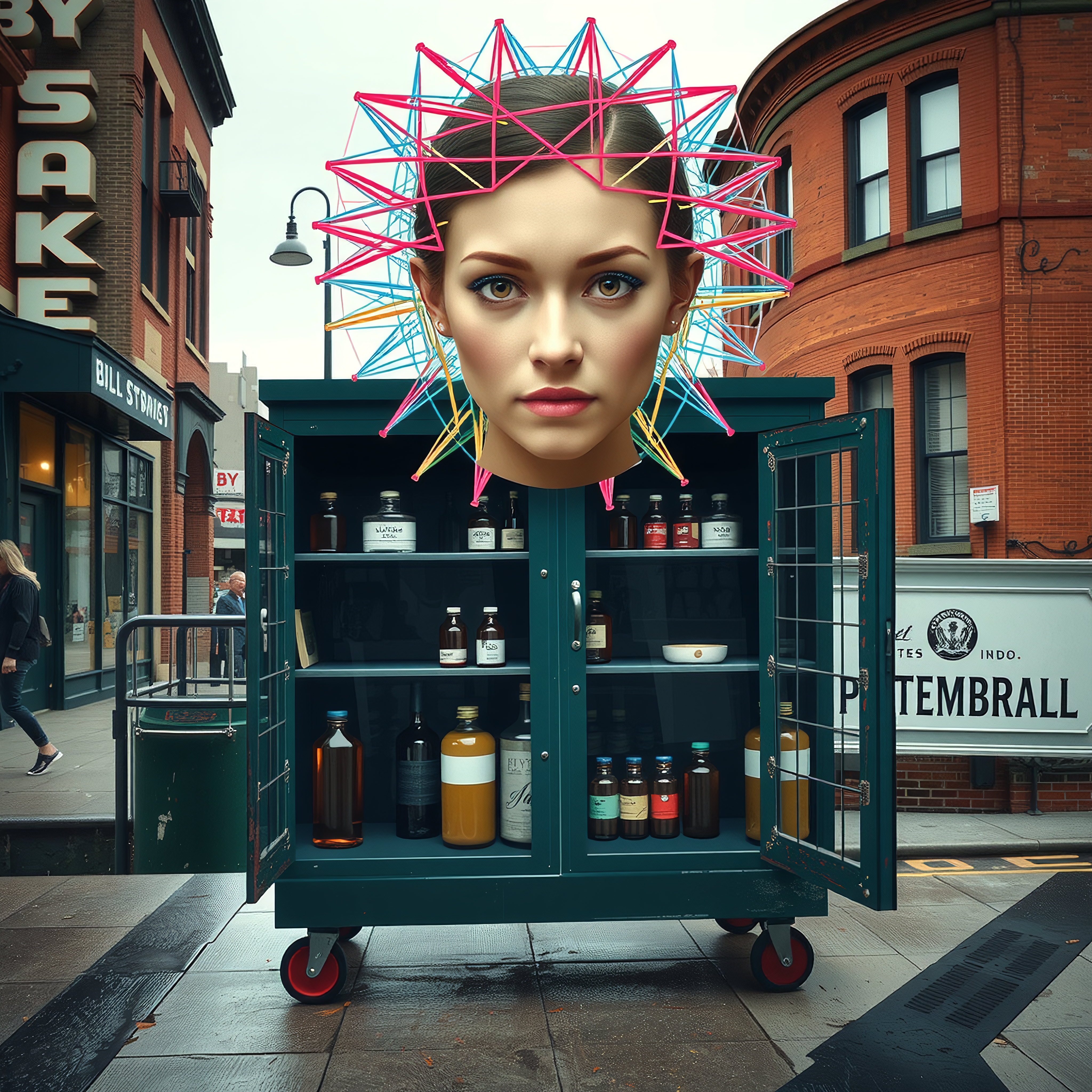 A surreal image of a floating head with a geometric neon crown above a cabinet in an urban setting.