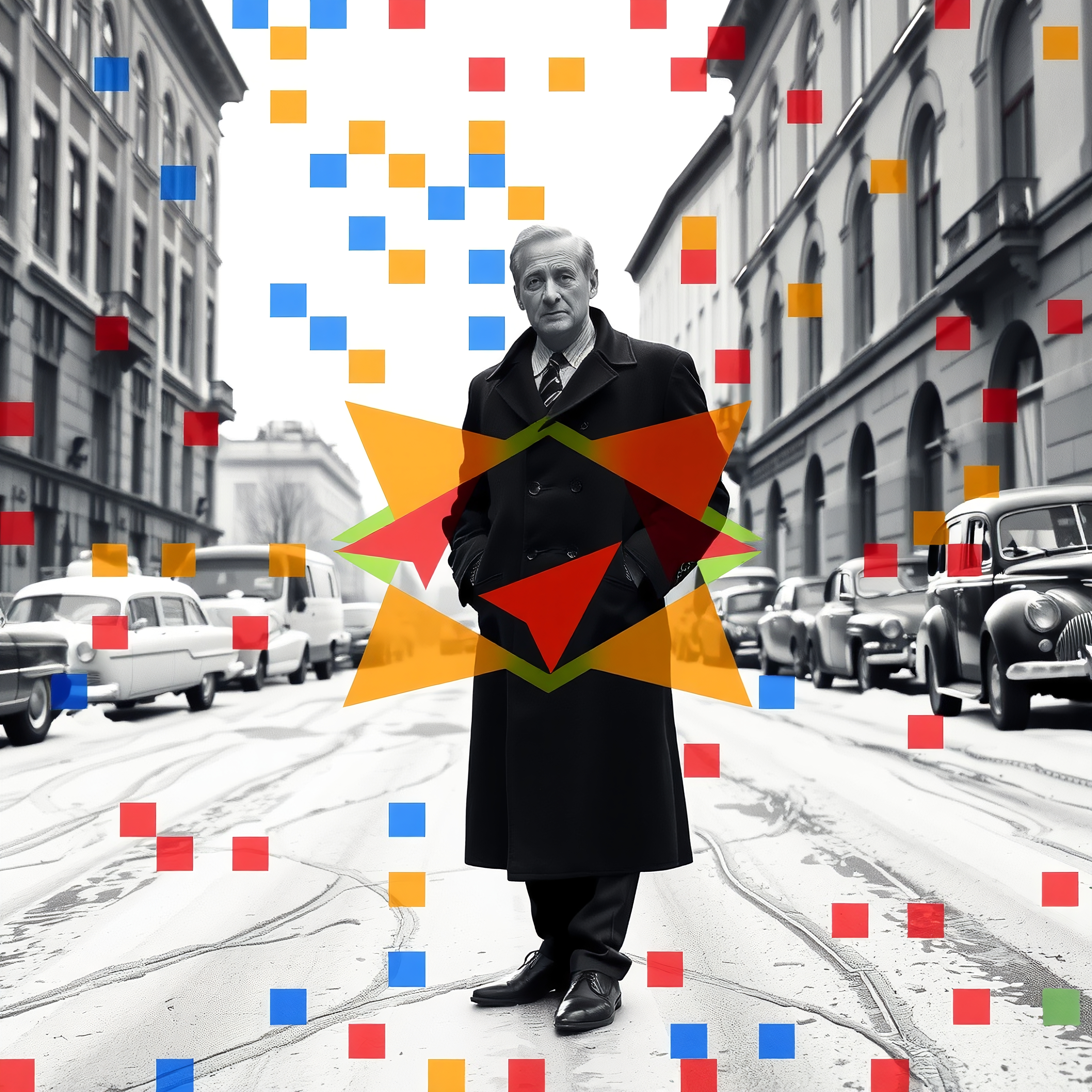 A man stands in a vintage city street, surrounded by colorful geometric shapes, blending old and new elements.