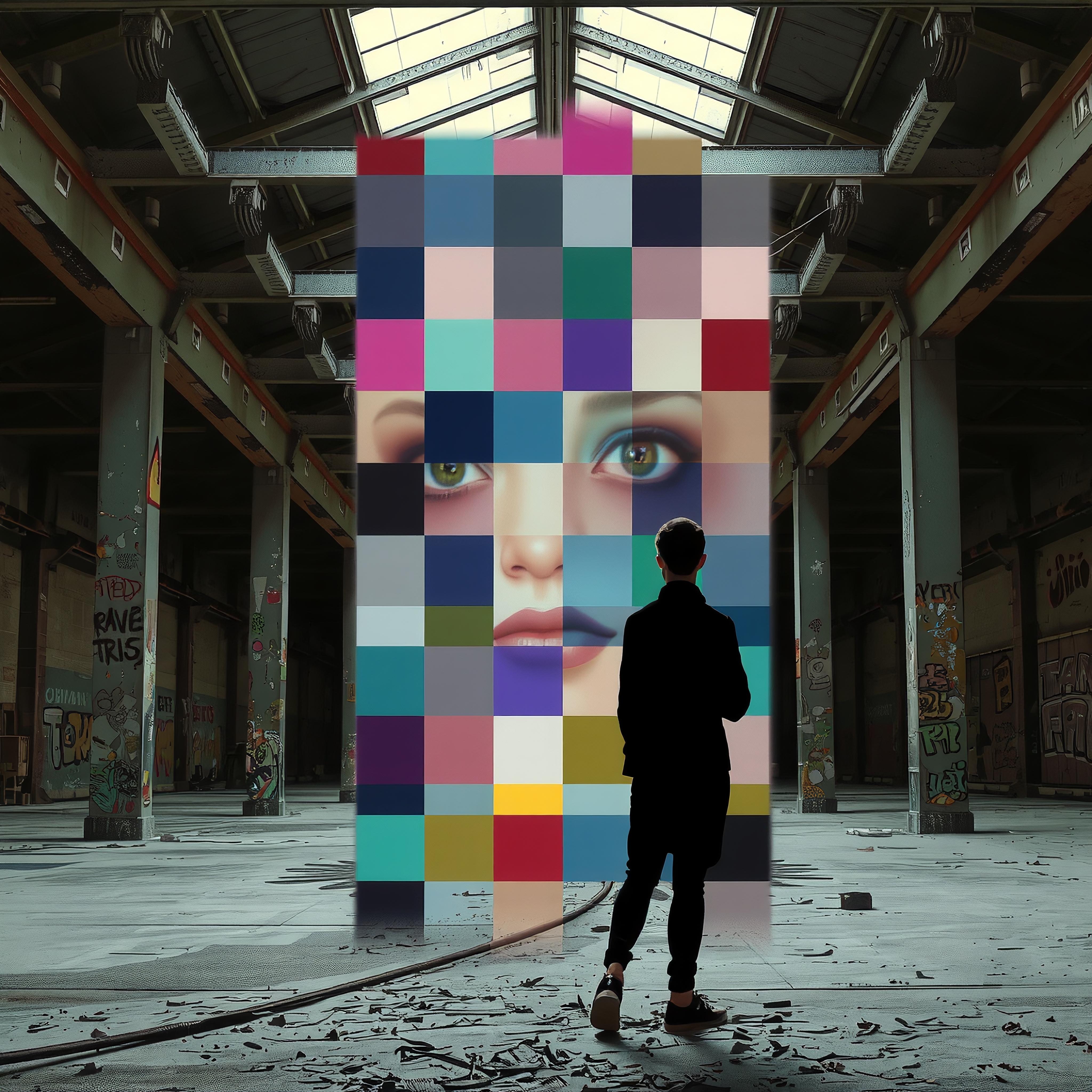A person gazes at a colorful mural in an abandoned warehouse, highlighting urban art.