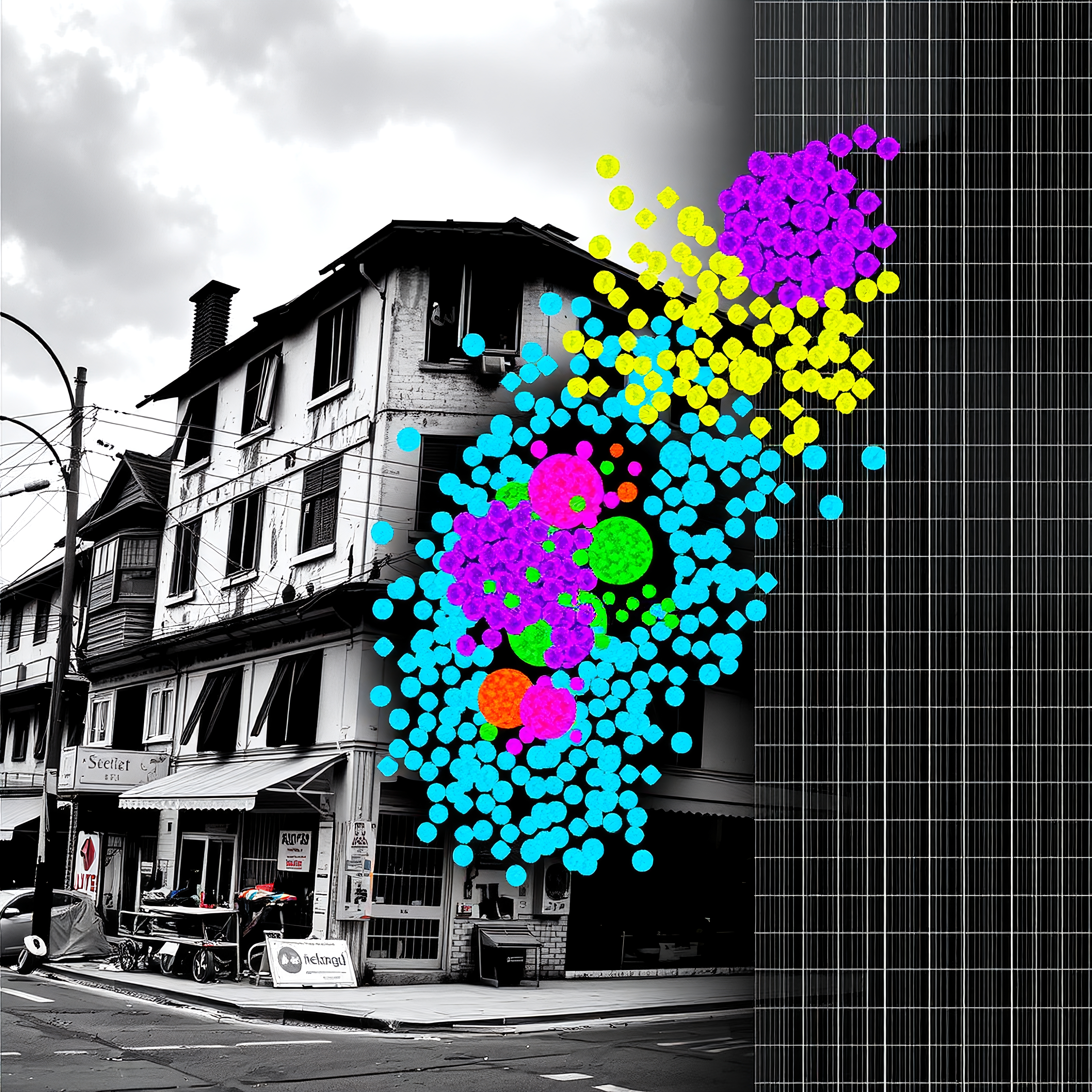 Black and white urban scene with vibrant colorful dots and solar panels.