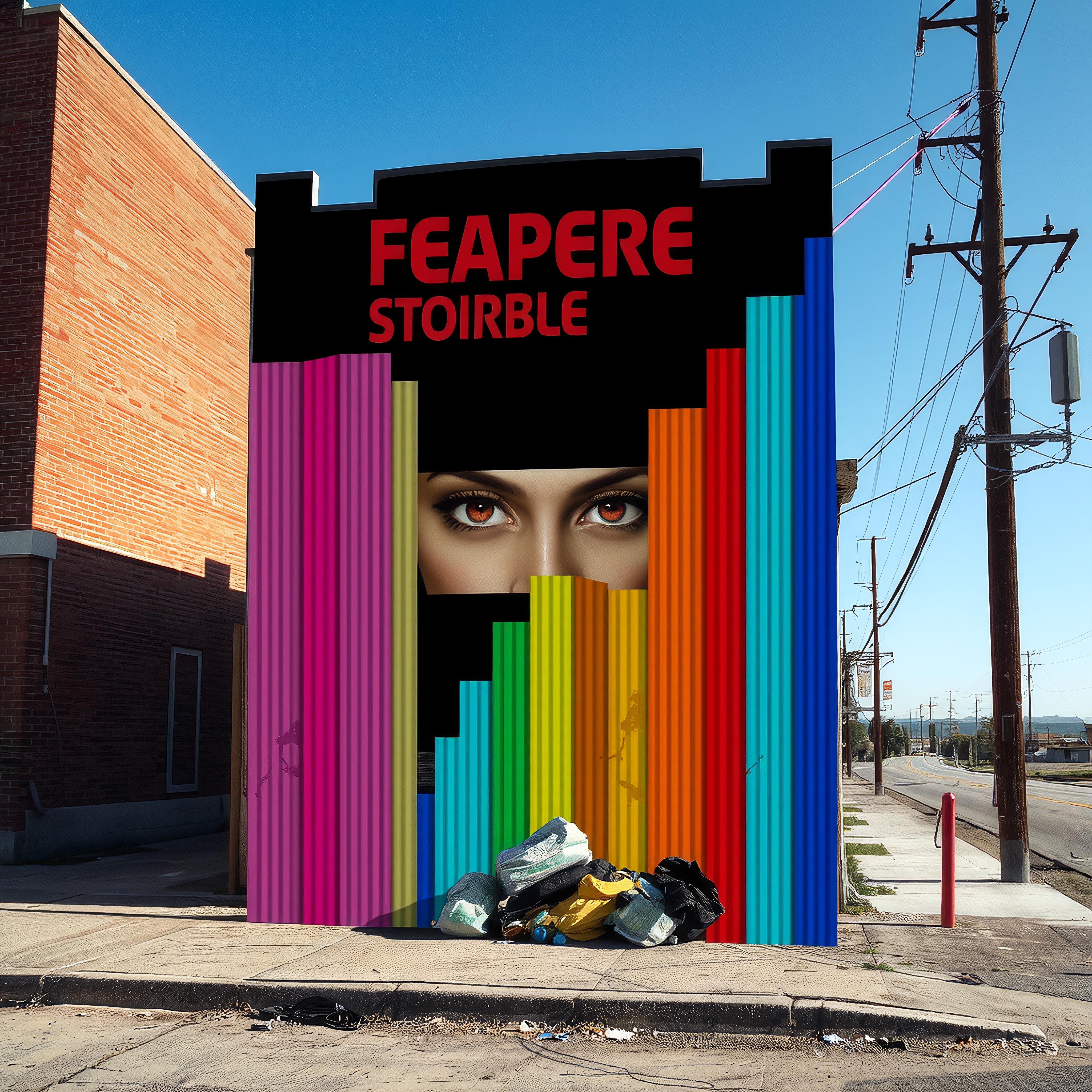 Colorful urban mural with eyes on building wall.