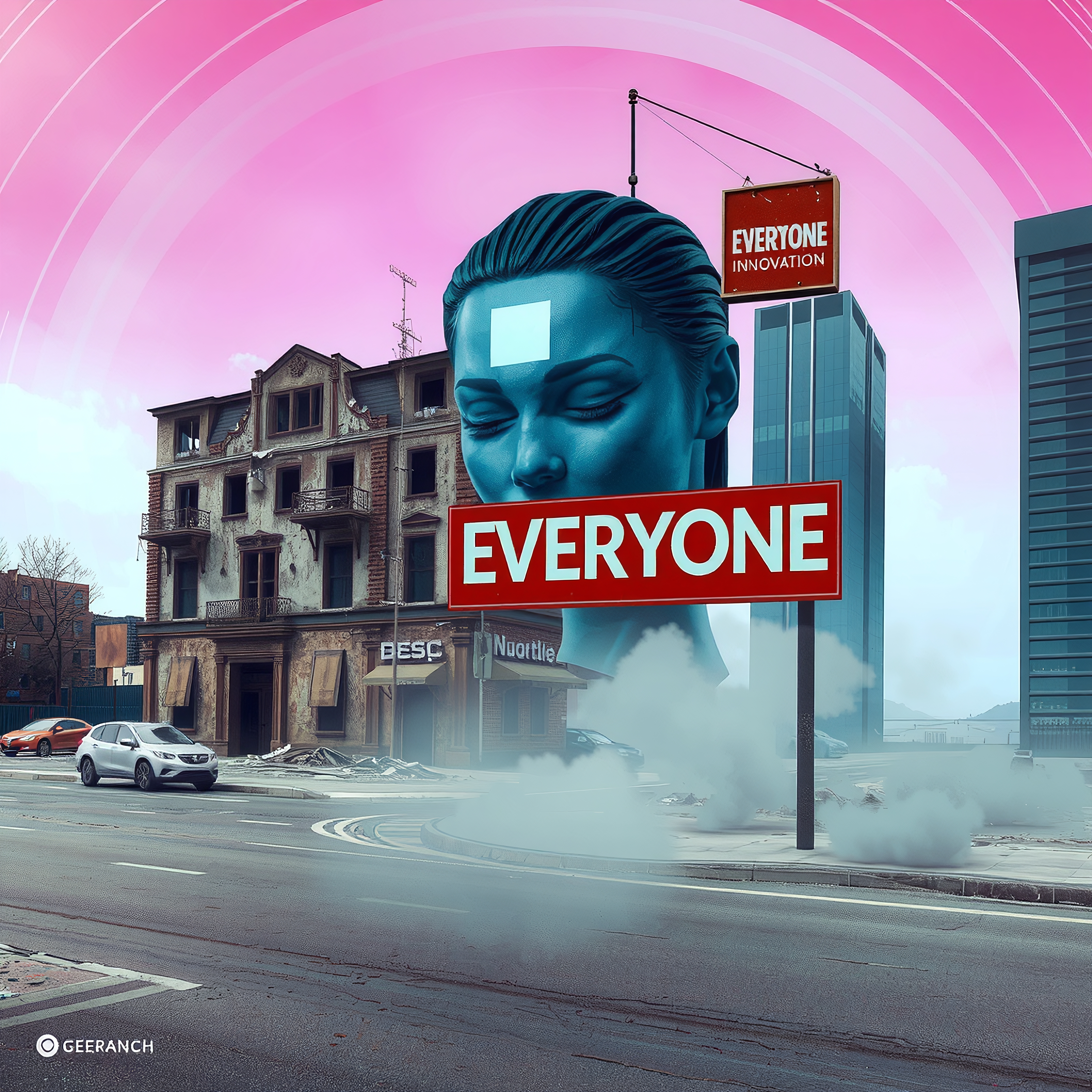 Surreal cityscape with giant blue sculpture.
