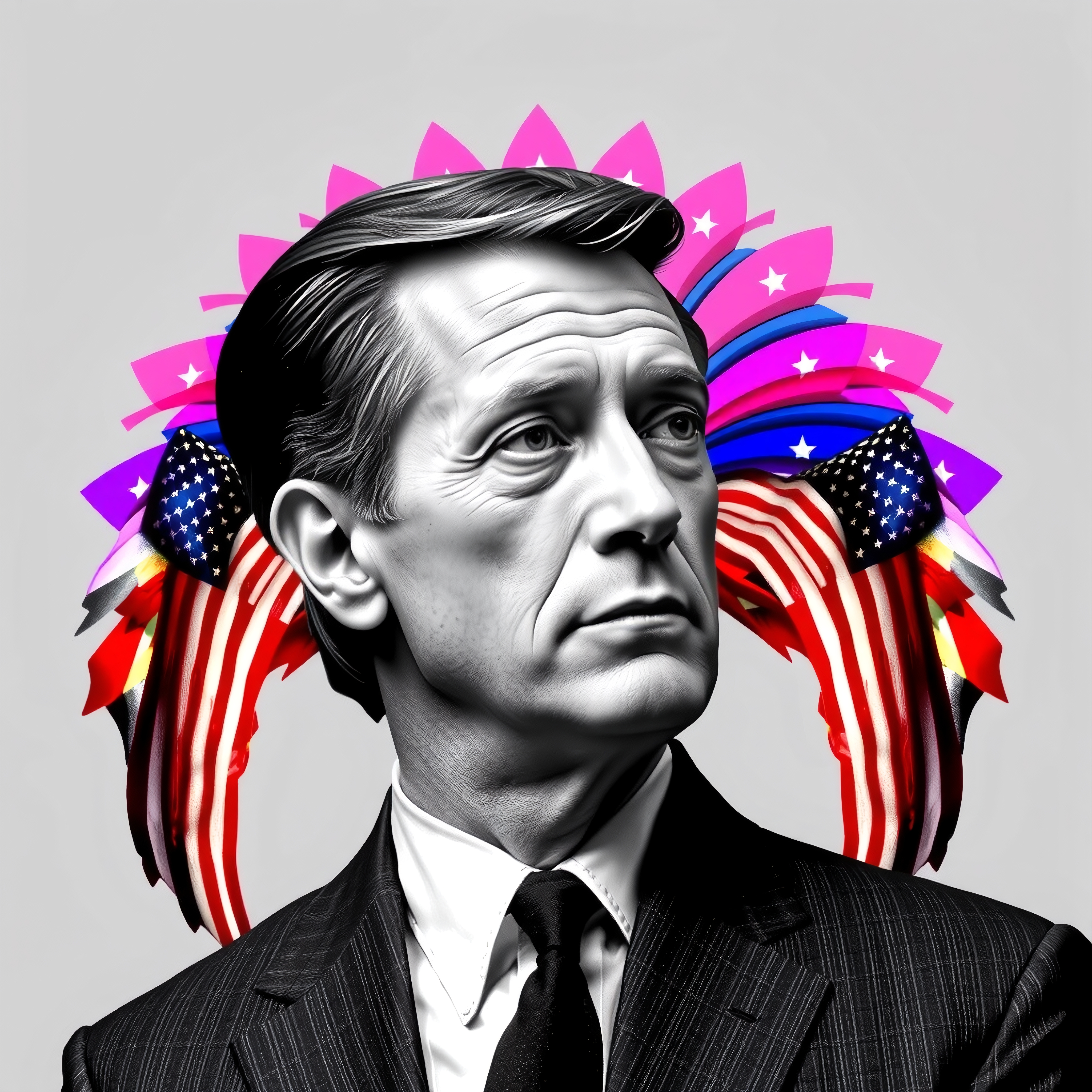 Solemn man with vibrant, patriotic background.