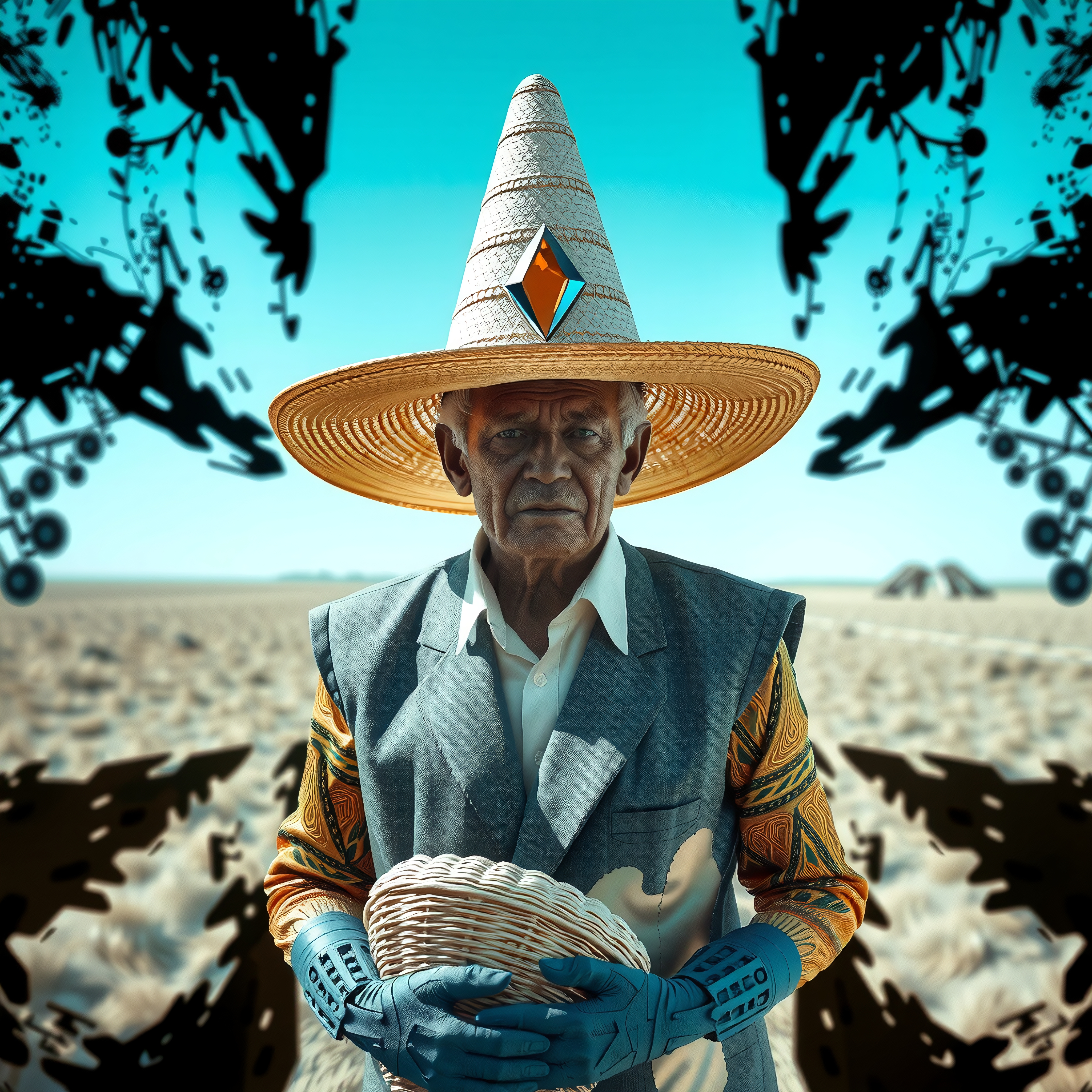 An elderly man in a hat stands in an abstract desert landscape.