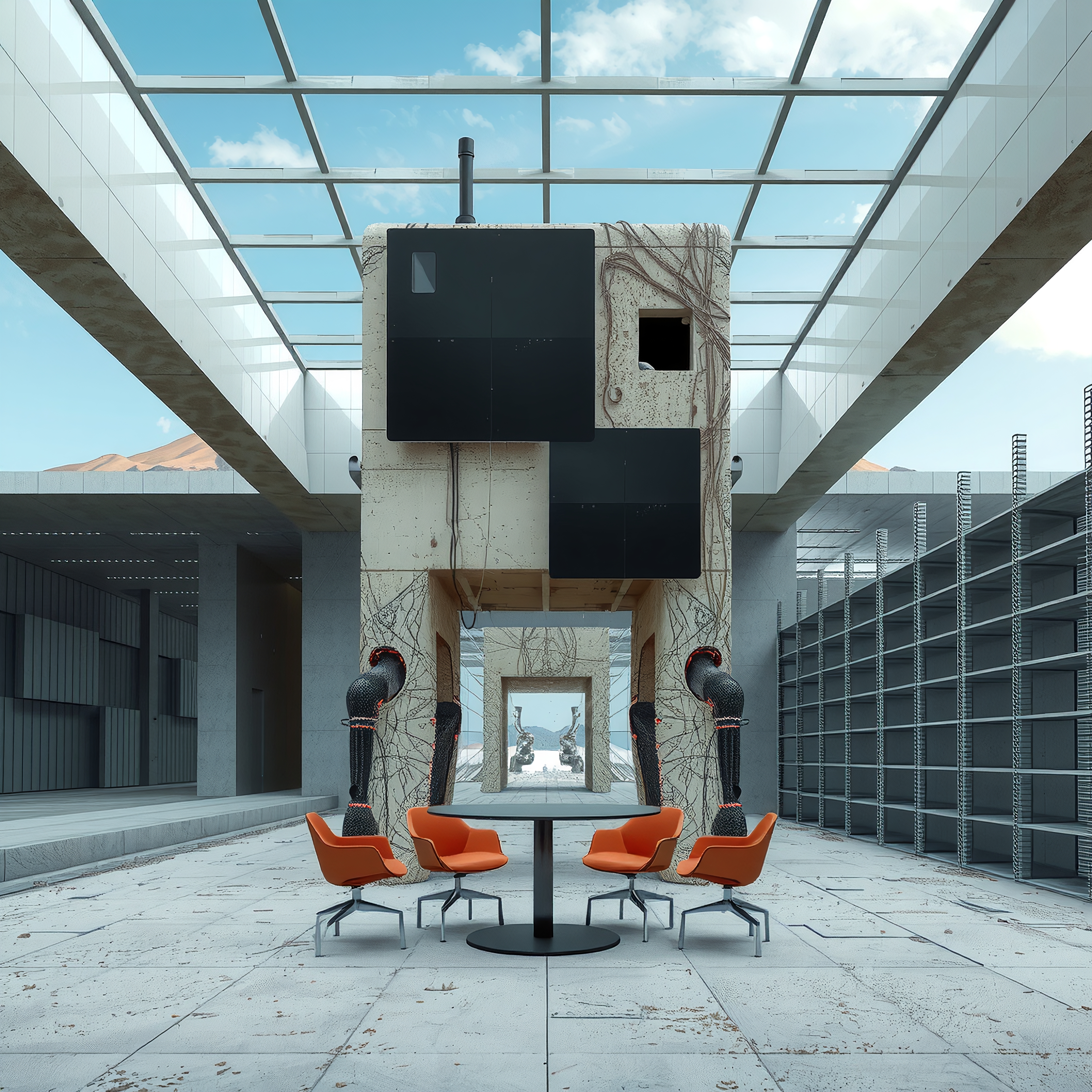Modern open-air space with abstract architecture and contrasting orange seating.
