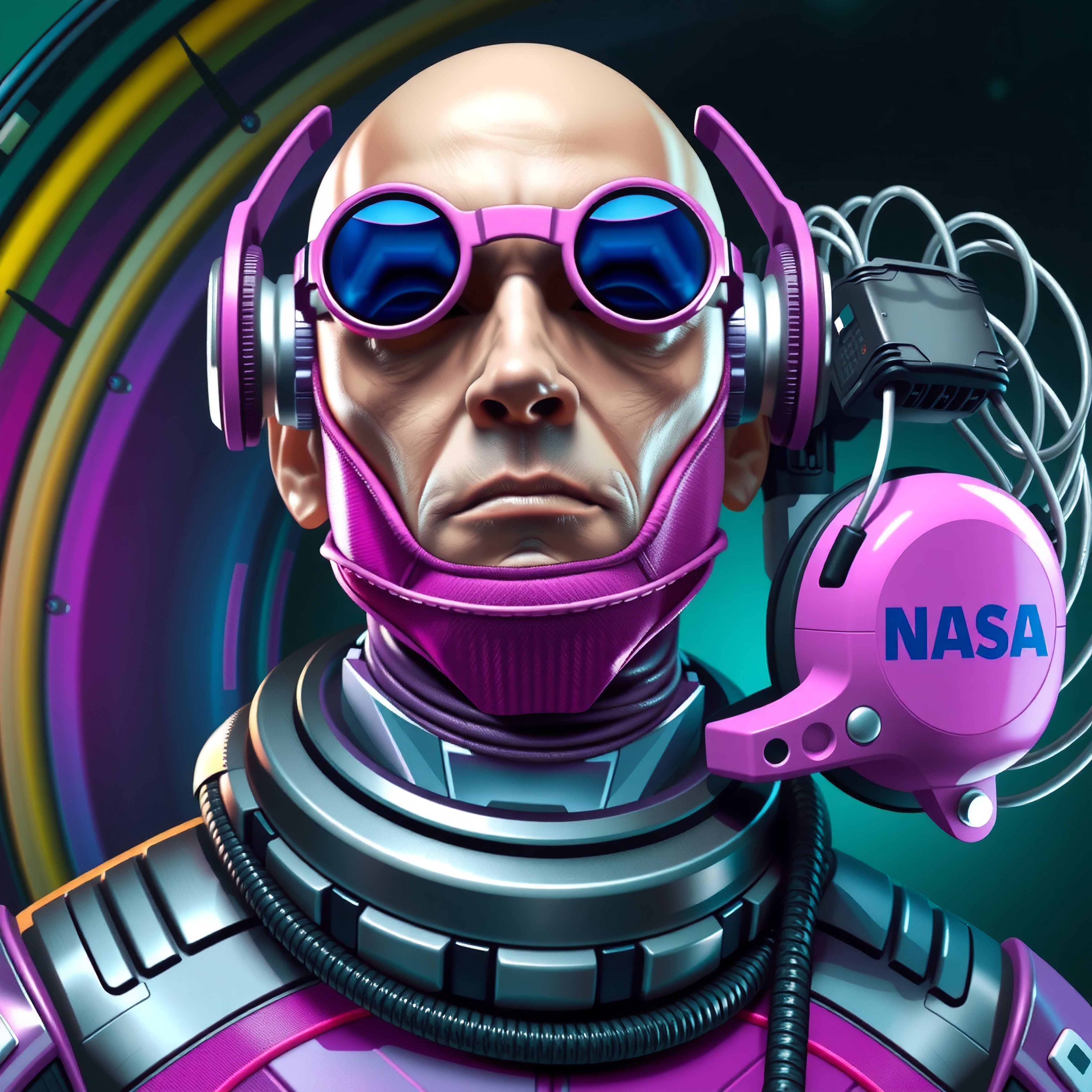 Futuristic NASA astronaut wearing a high-tech pink and purple spacesuit with intricate design elements.