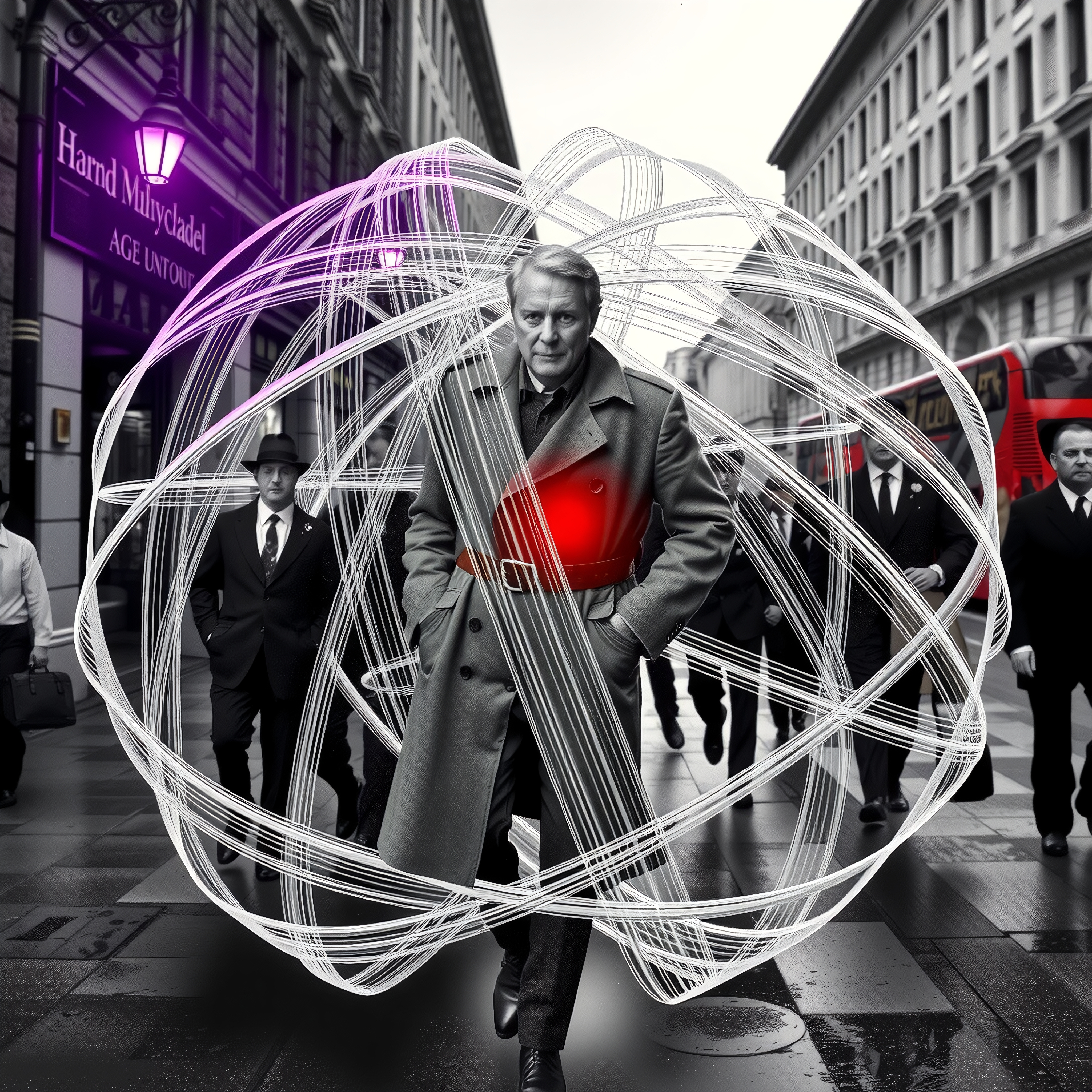A man in a trench coat surrounded by swirling white lines walks purposefully down an urban street, highlighting a blend of the futuristic and the classic.