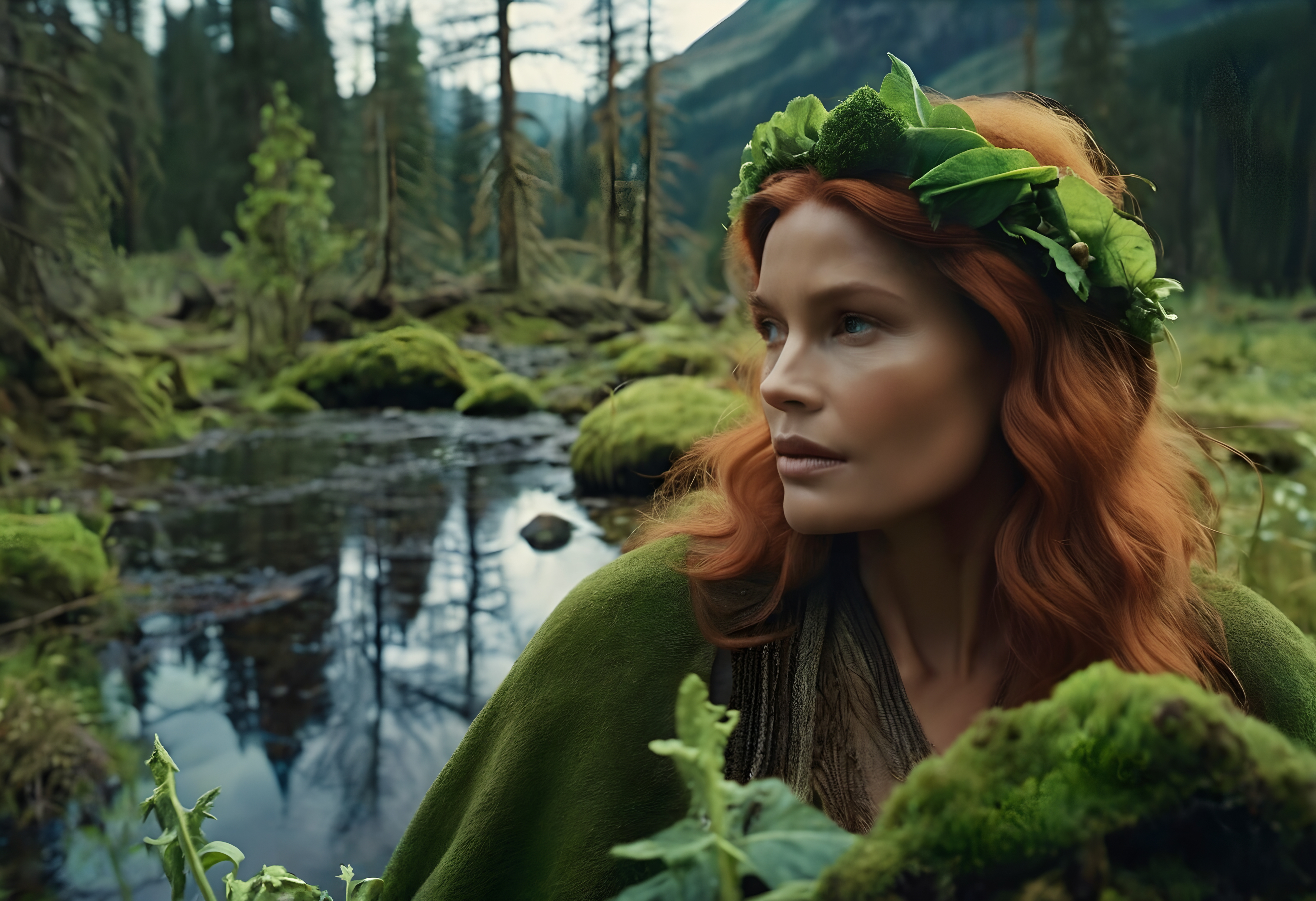 A woman with red hair and leaf crown in a lush, mystical forest setting, near a pond and surrounded by green foliage, showcasing a serene natural ambiance.