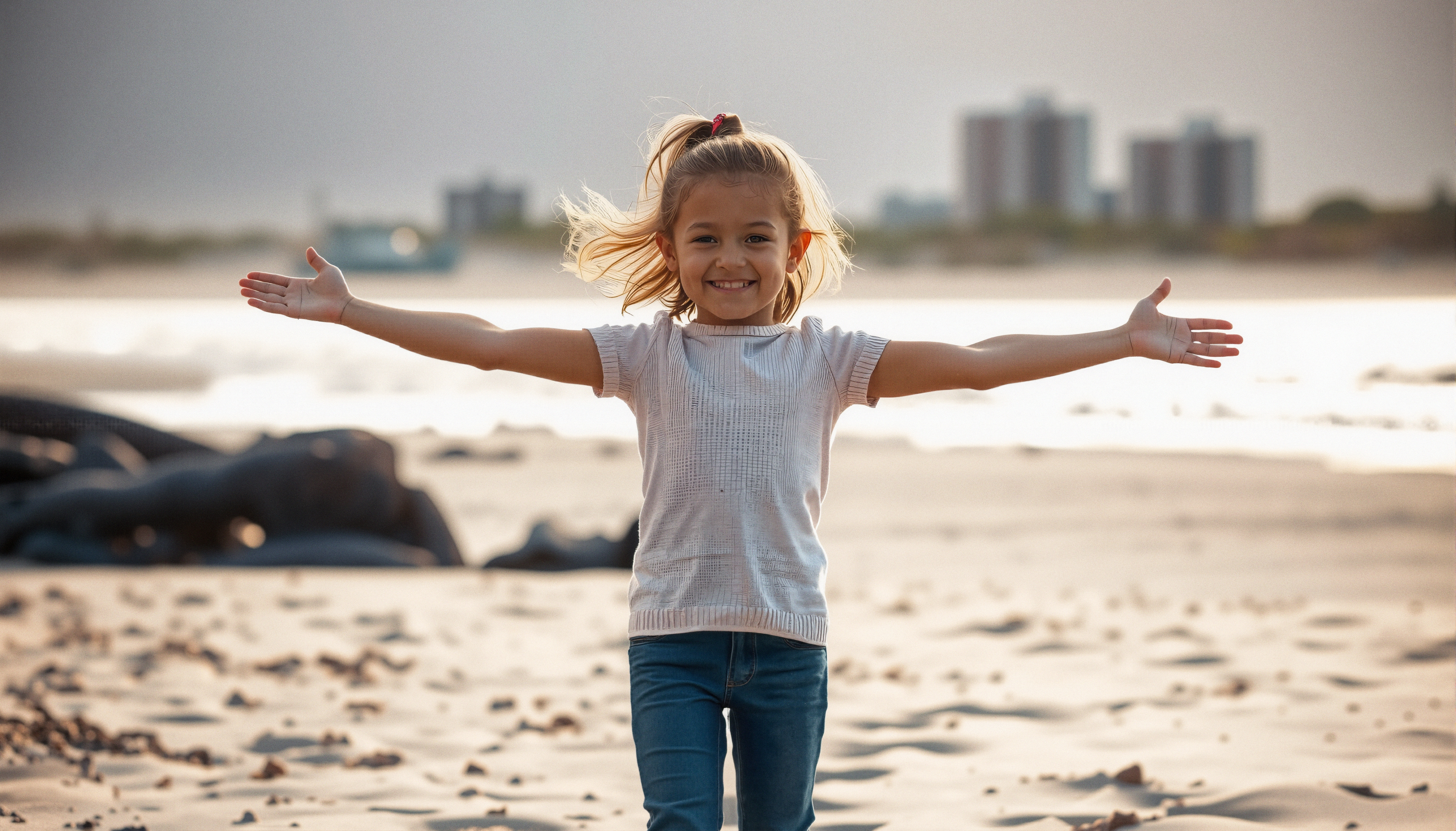 Joyful Girl Running on Beach