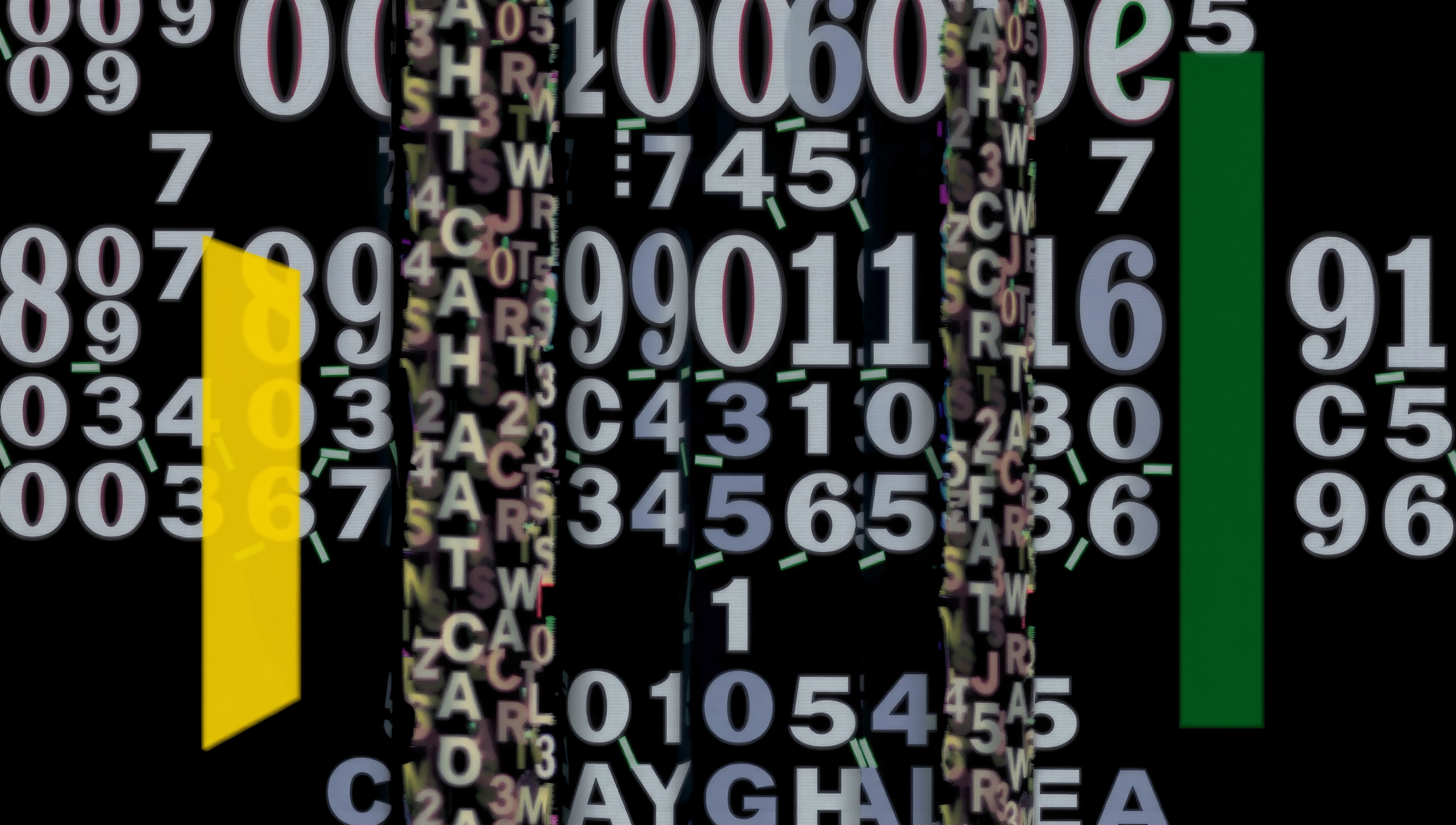 Abstract art of numbers and symbols on a dark background with colorful vertical bars.