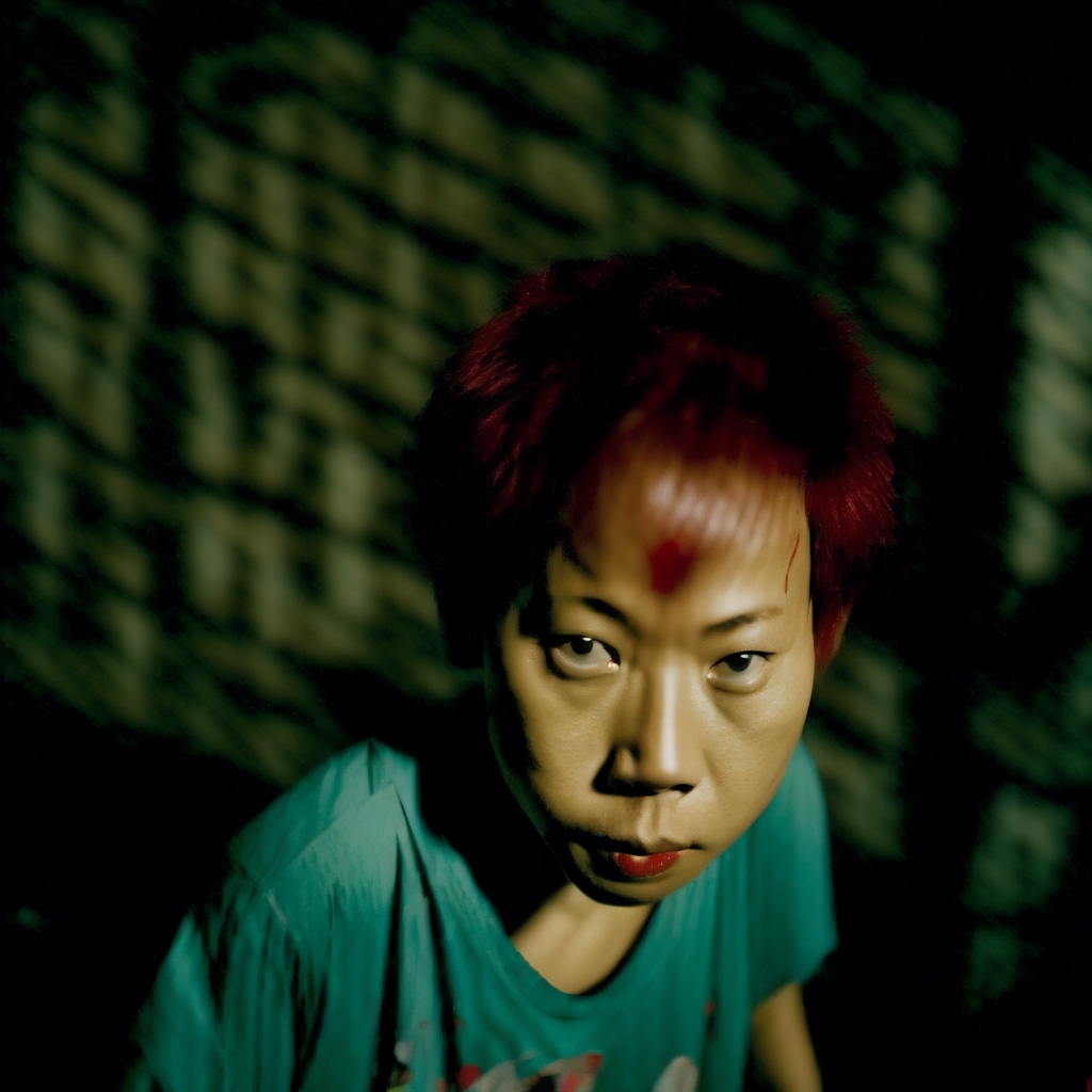 A person with vibrant red hair gazes seriously, wearing a green shirt against a shadowy background.