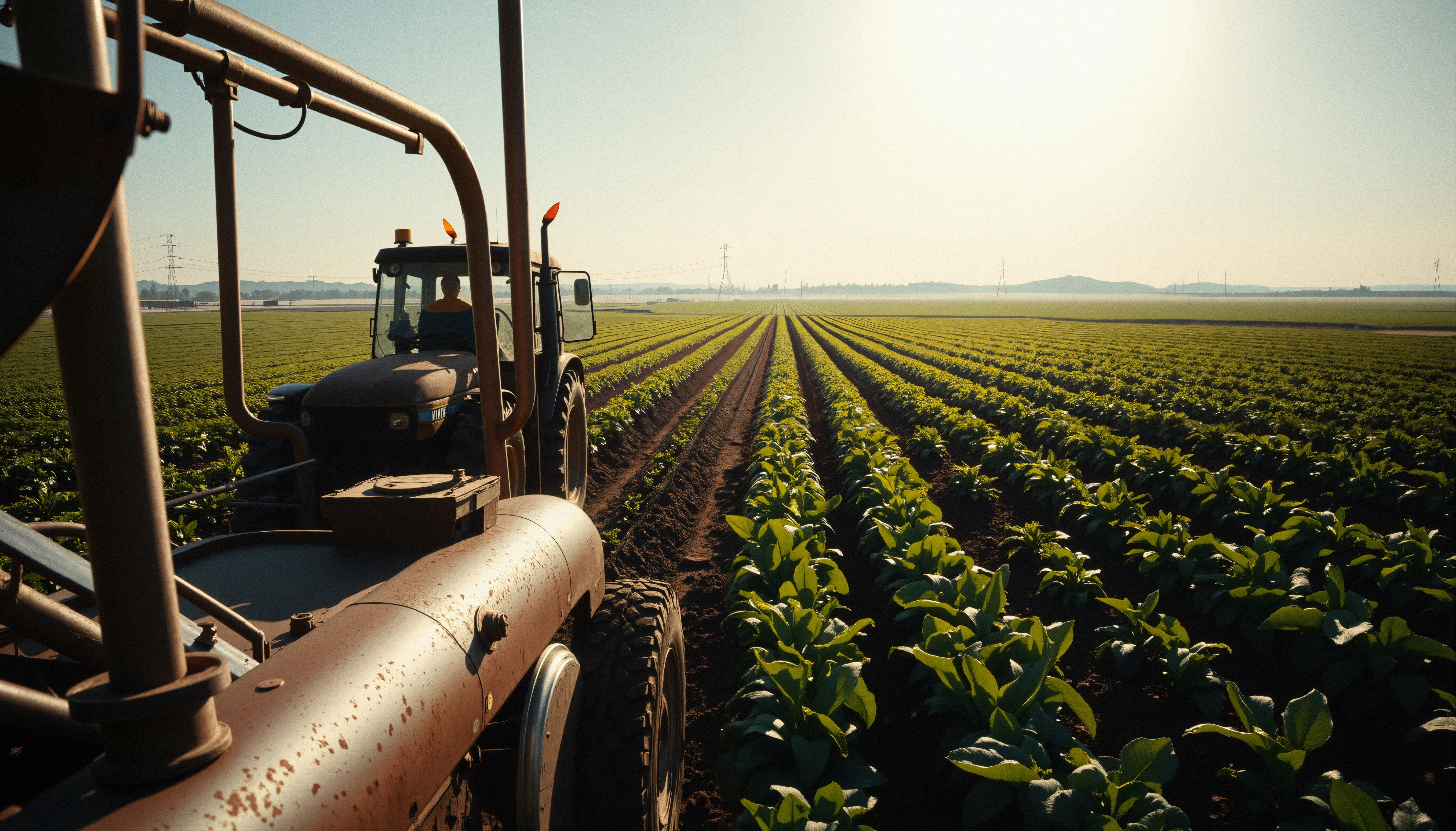A tractor tending to farm crops in a vast green field with a distant horizon.