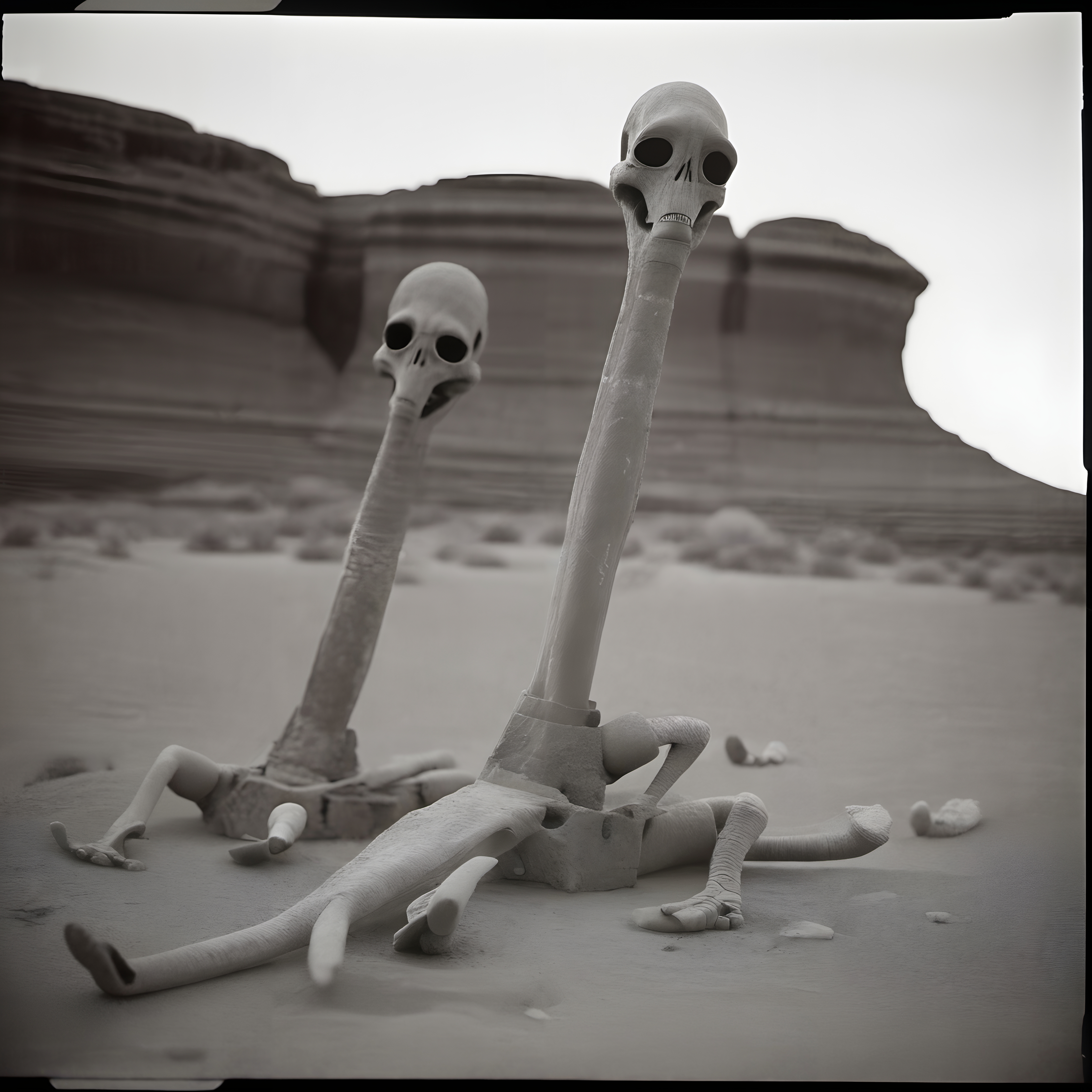 Skeleton-like figures in desert landscape with elongated necks and skull heads.