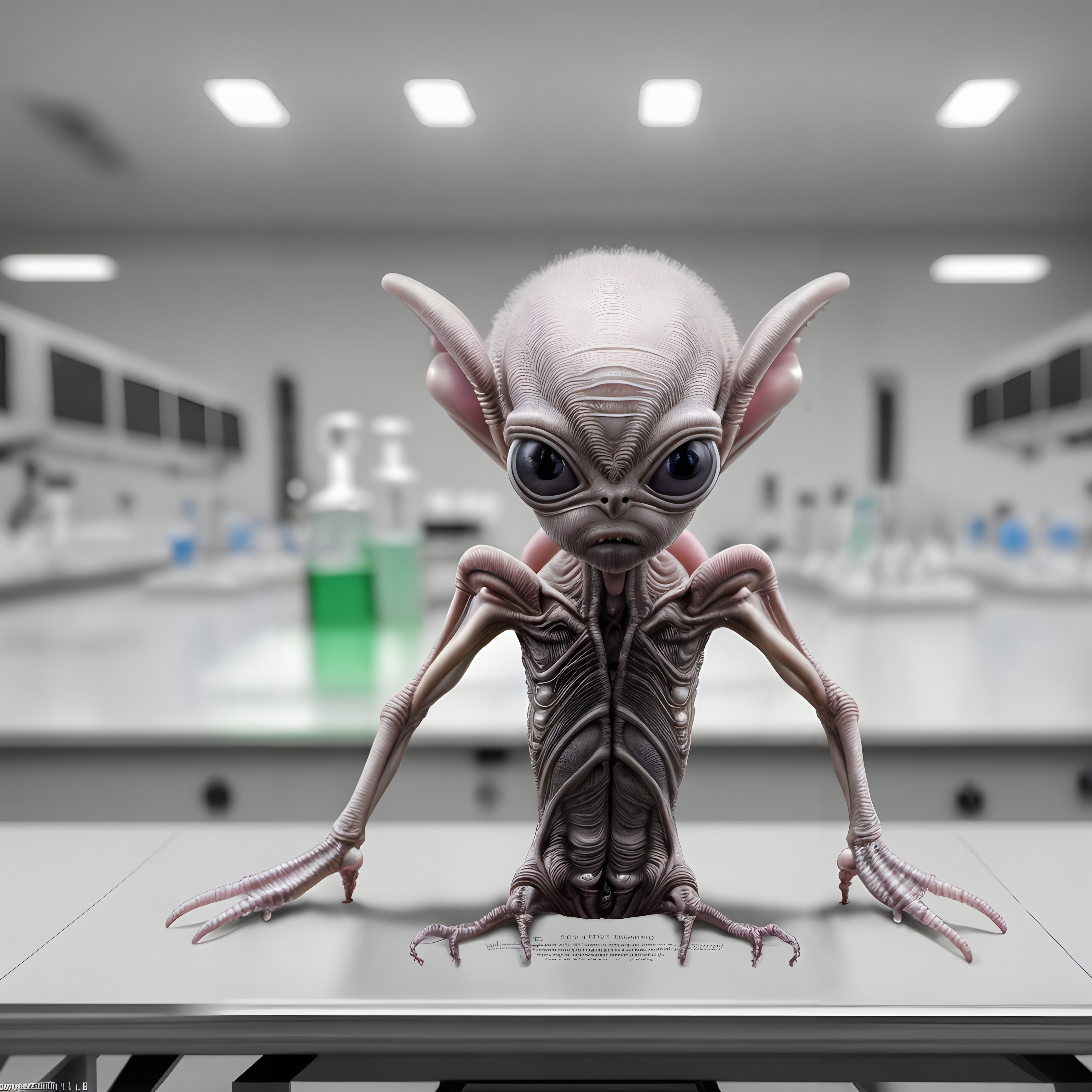 Alien creature in a modern laboratory setting with equipment.