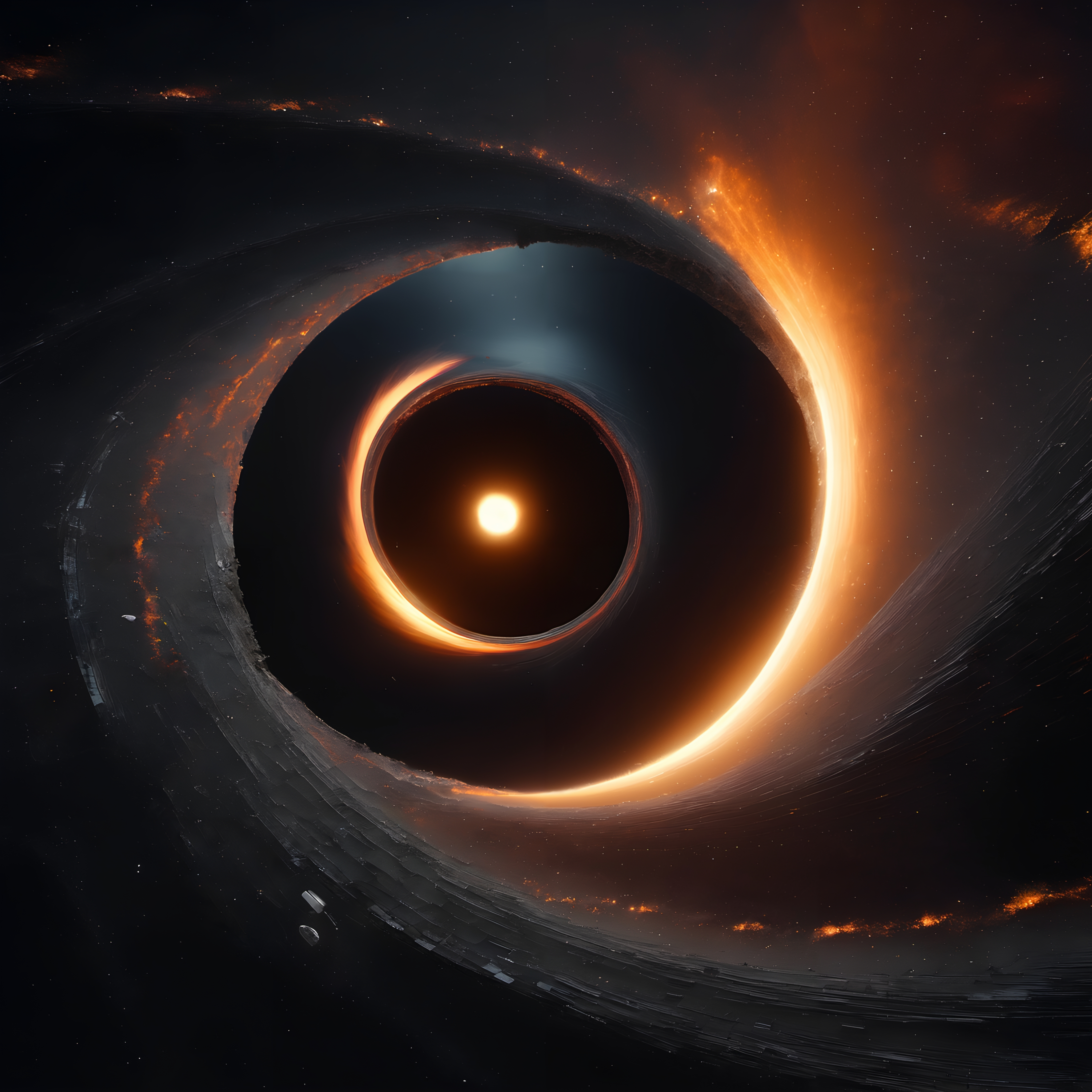 Mesmerizing image of a black hole's fiery accretion disk swirling around a bright star in space.