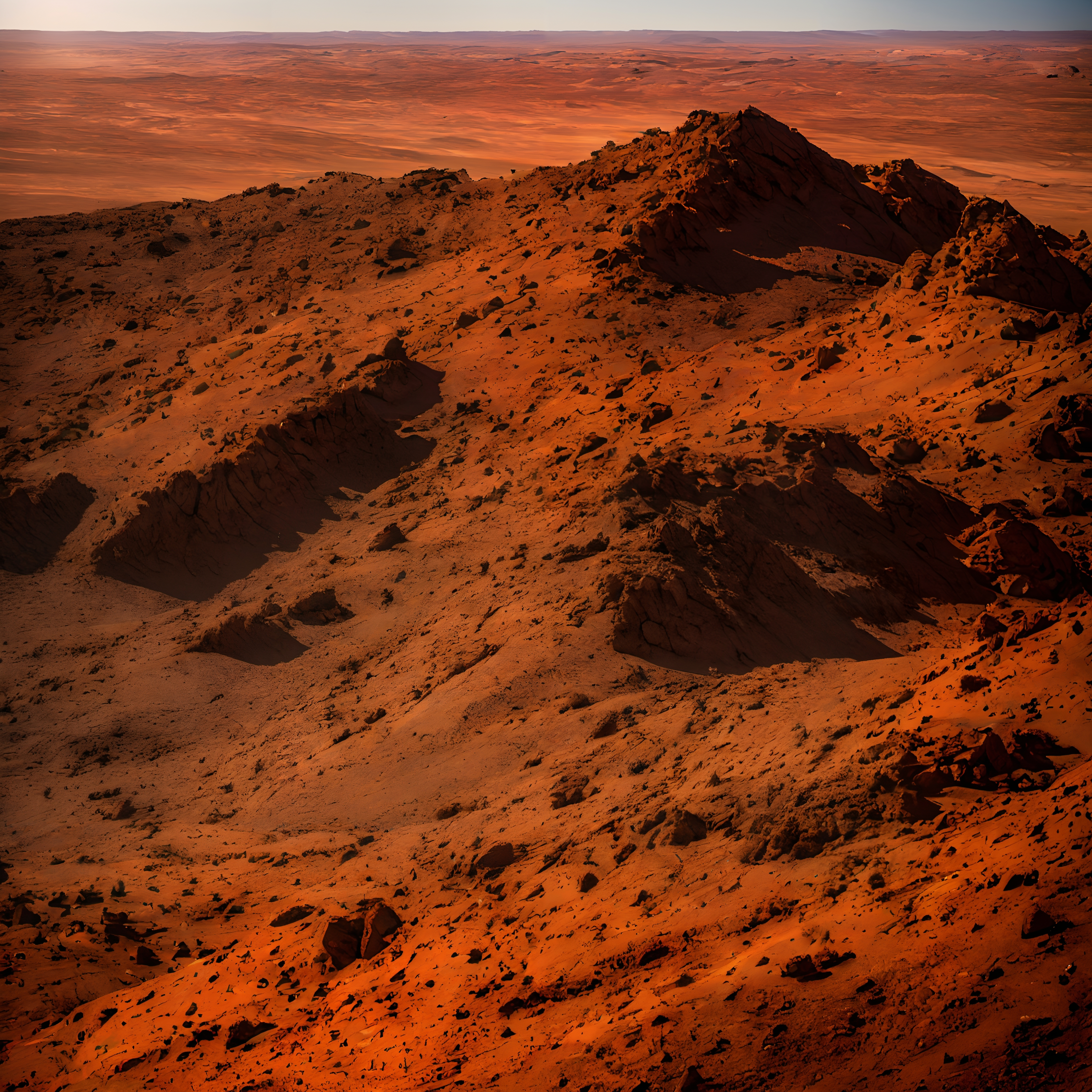 Desert landscape with rugged terrain, vibrant orange, and clear sky.
