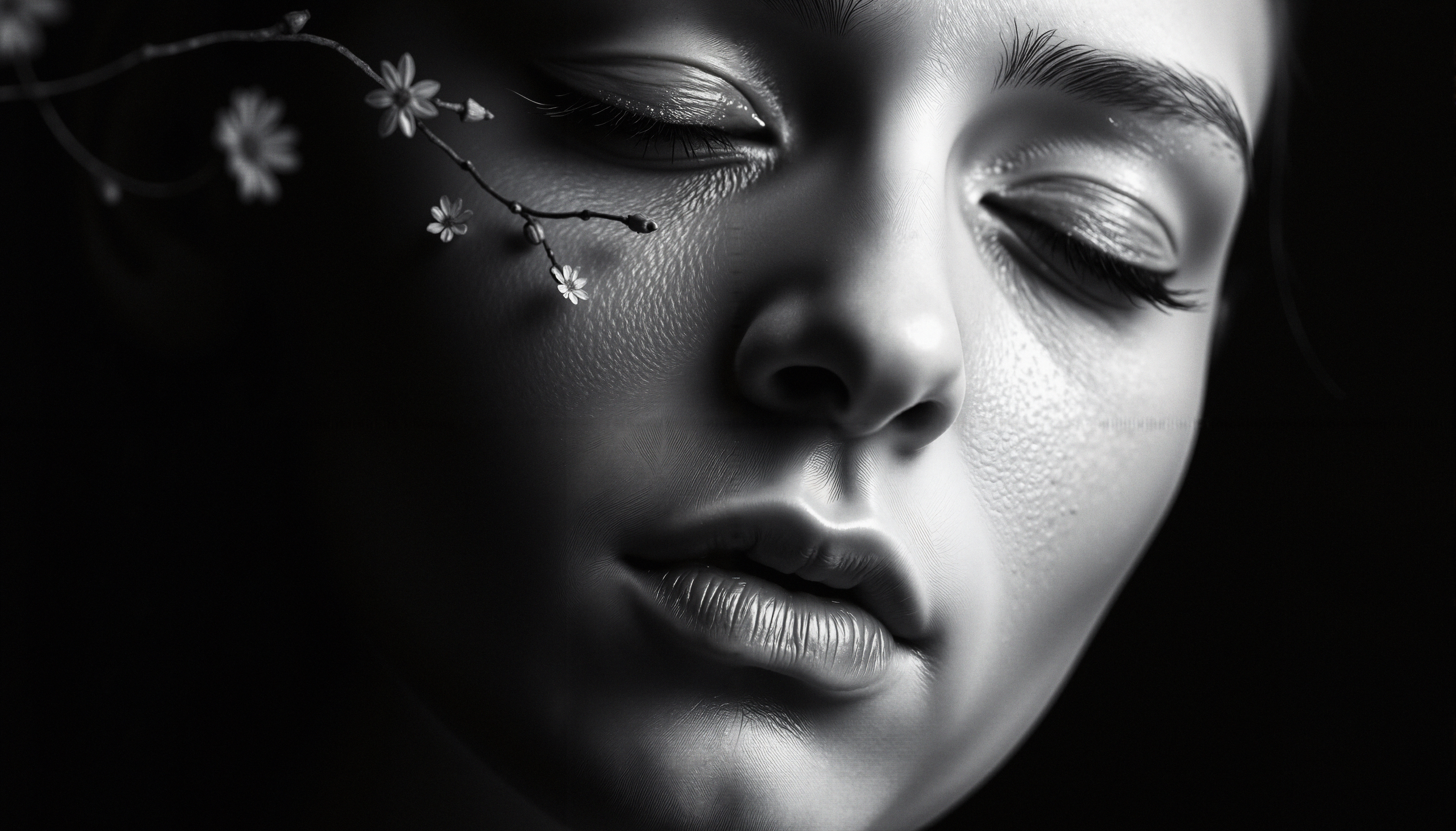 Serene Monochrome Portrait with Flowers