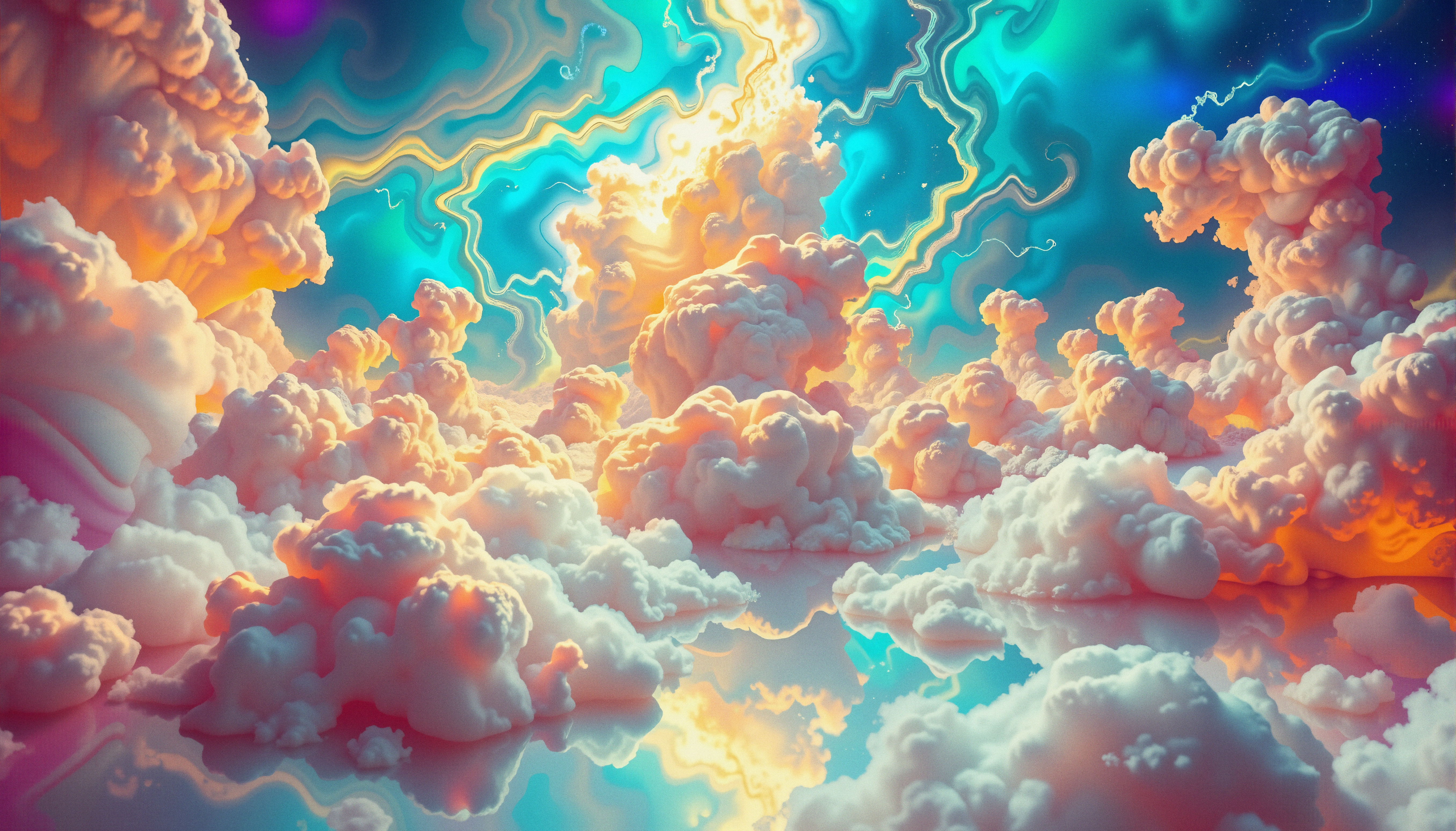 A vivid, surreal landscape of colorful clouds reflecting off a mirrored surface under a vibrant sky.