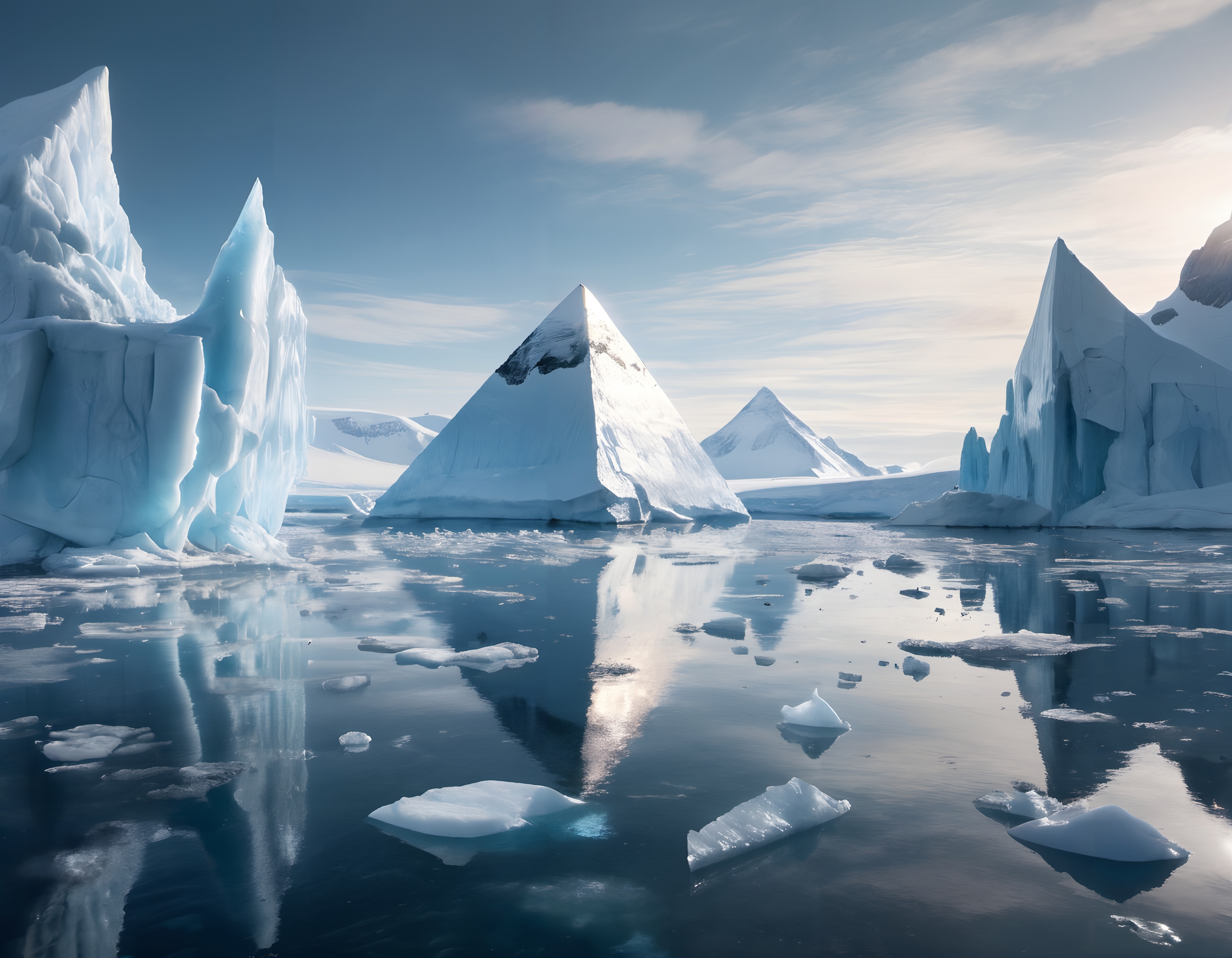 A vast polar landscape with towering icebergs reflecting in calm waters, under a clear sky.