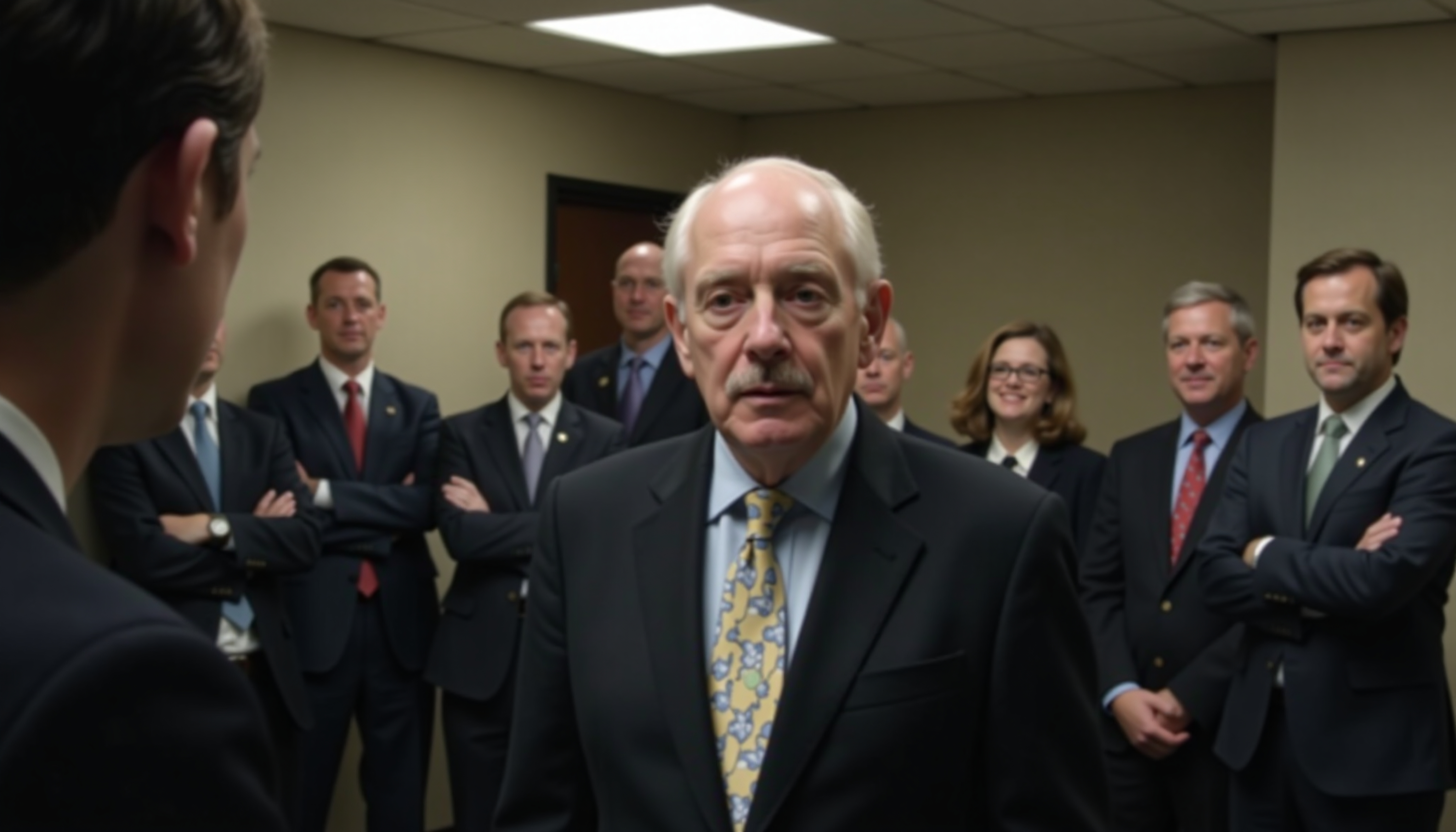 A group of professionals in suits have a serious discussion in an office setting.