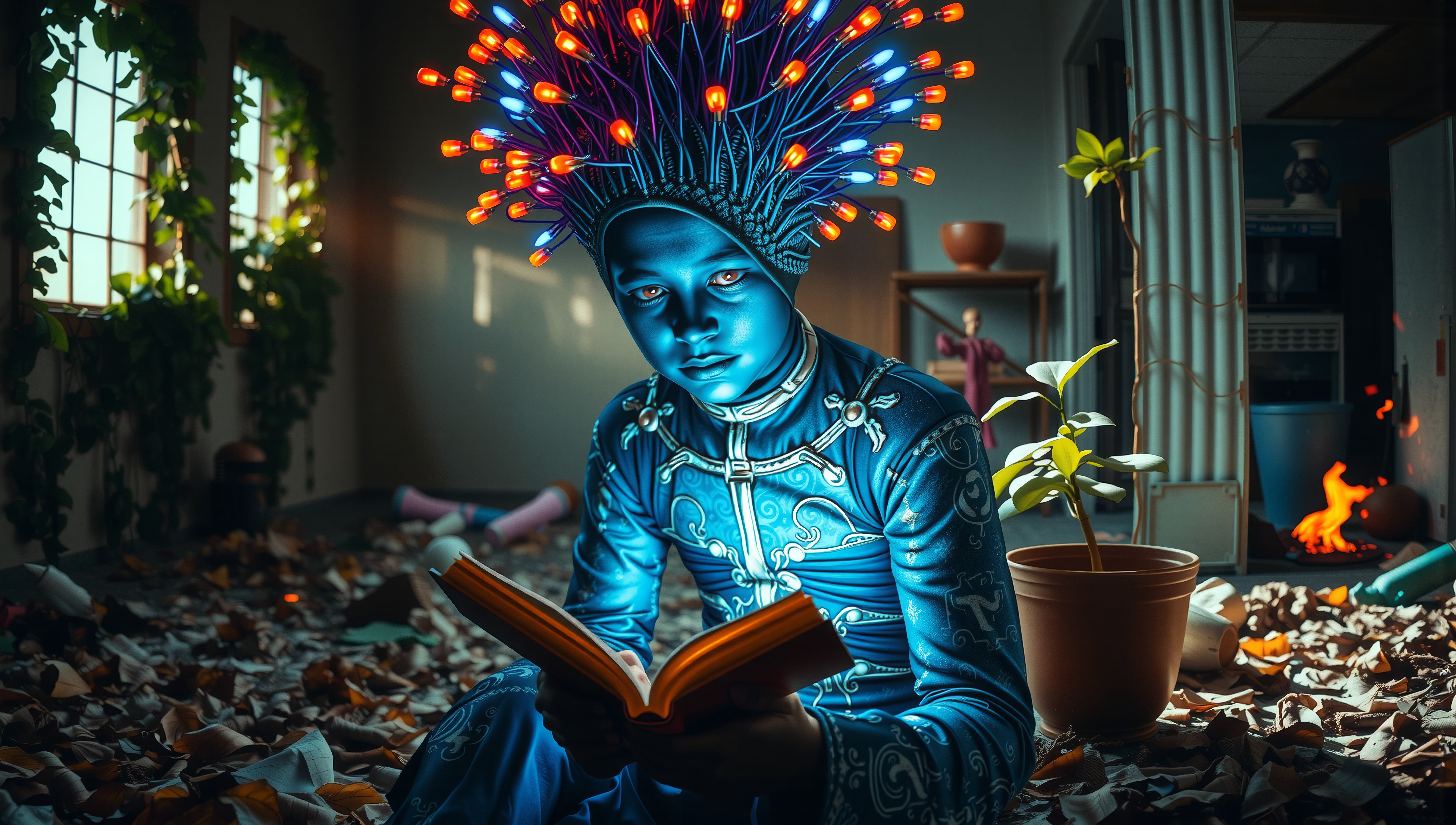 A blue-skinned figure in an ornate costume reads a book amidst leaves, surrounded by glowing lights in a surreal, cluttered room.