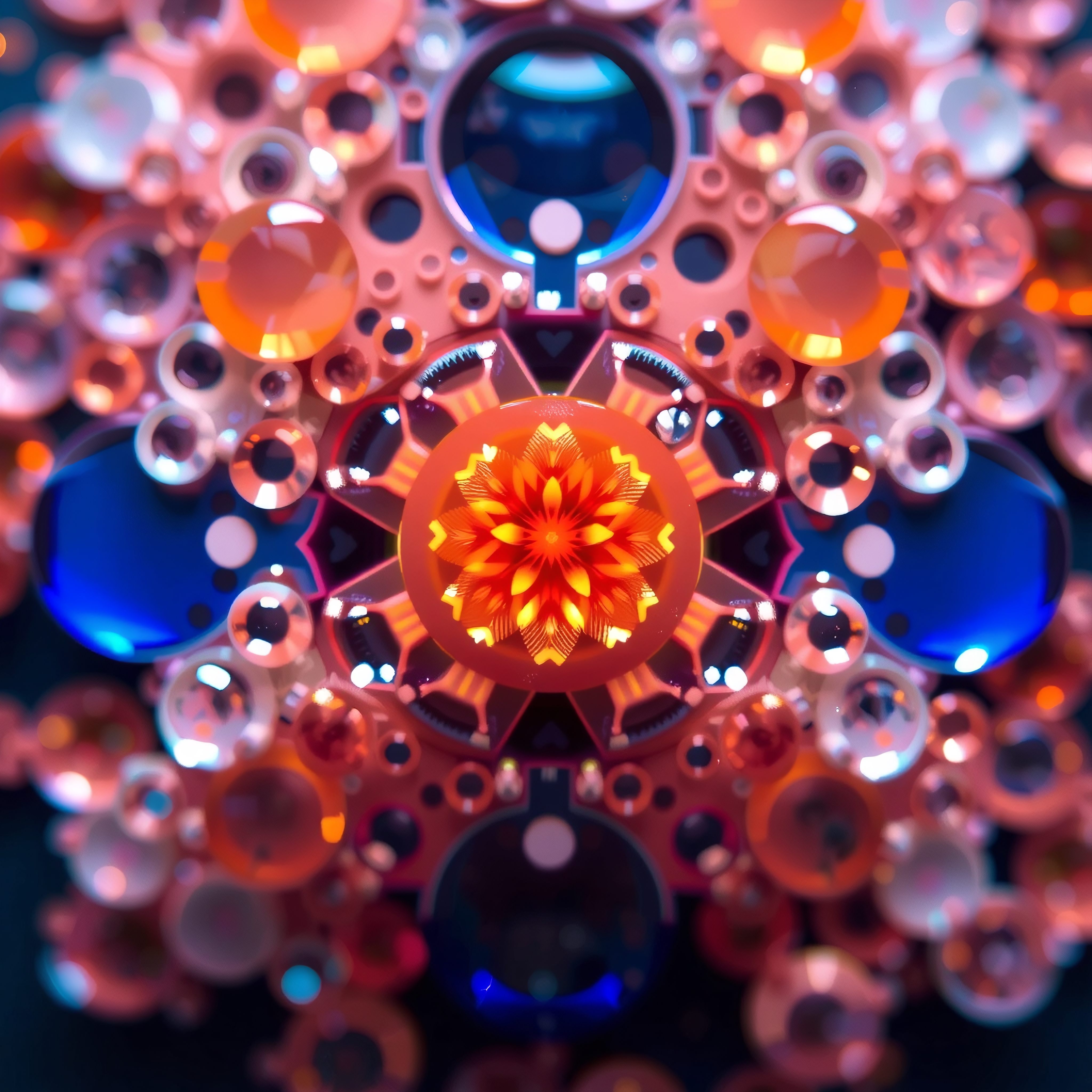 Detailed kaleidoscope pattern with vibrant colors and central flower.