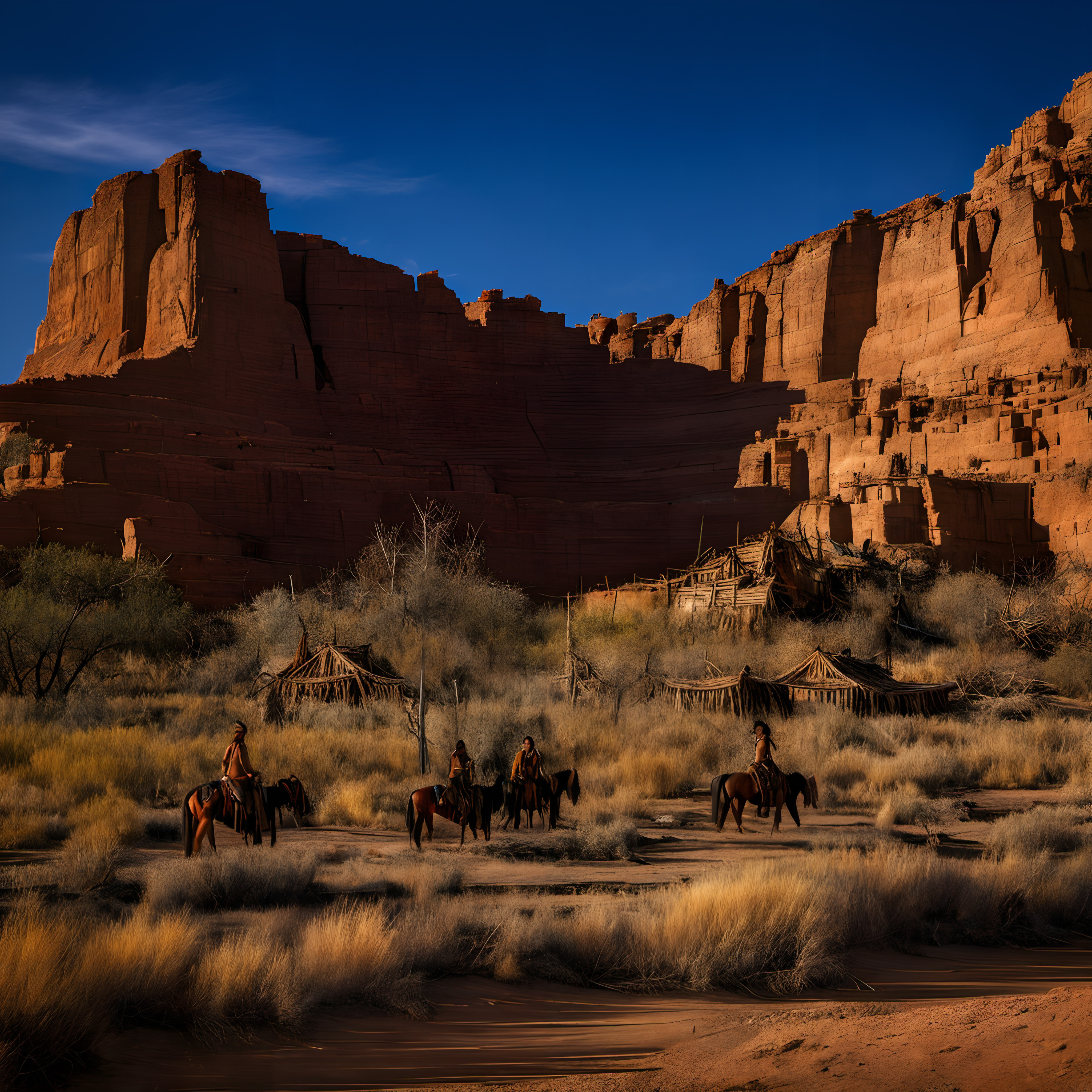 Riders on horseback in a stunning desert landscape with towering red cliffs.