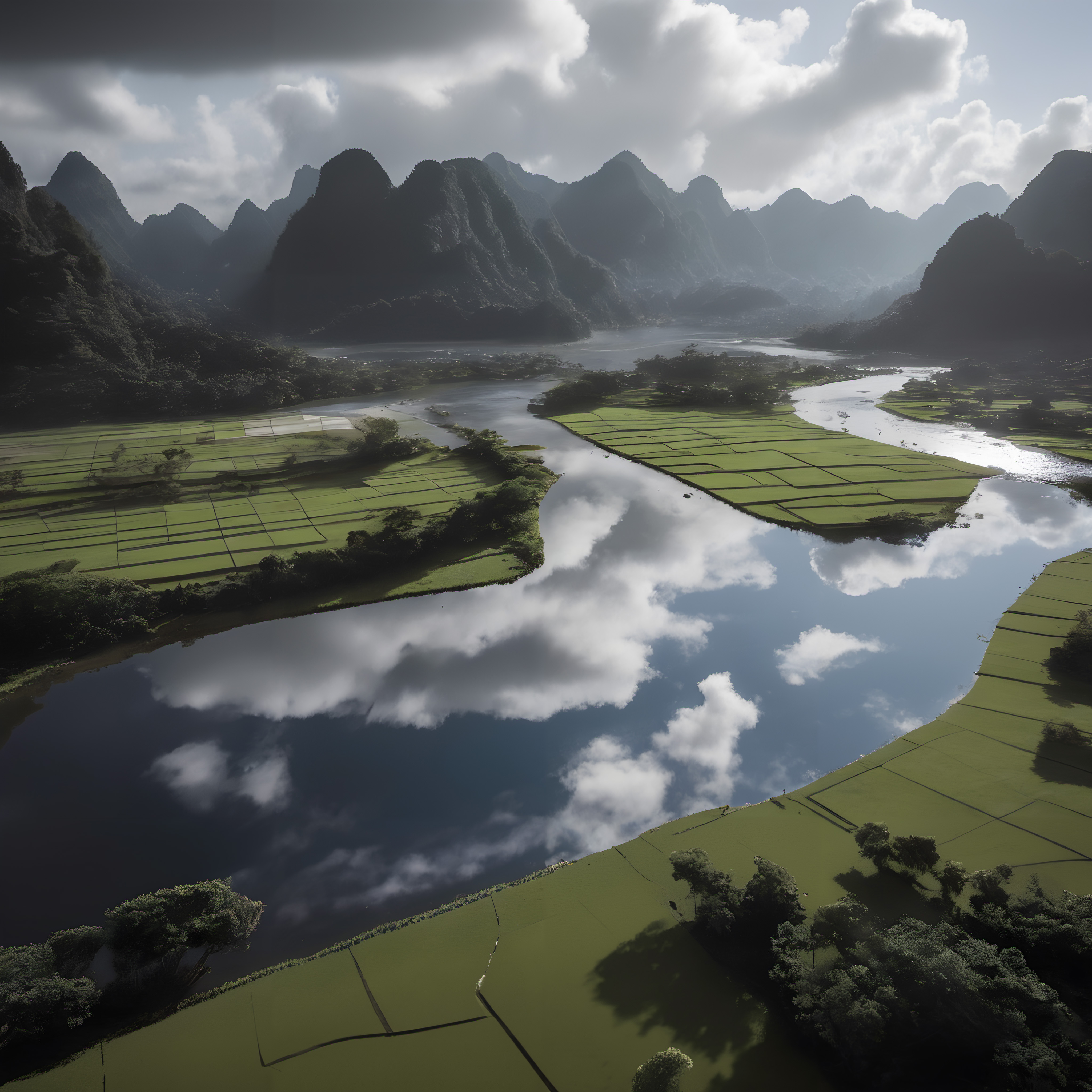 Scenic landscape with river, fields, and mountains reflected in tranquil water.