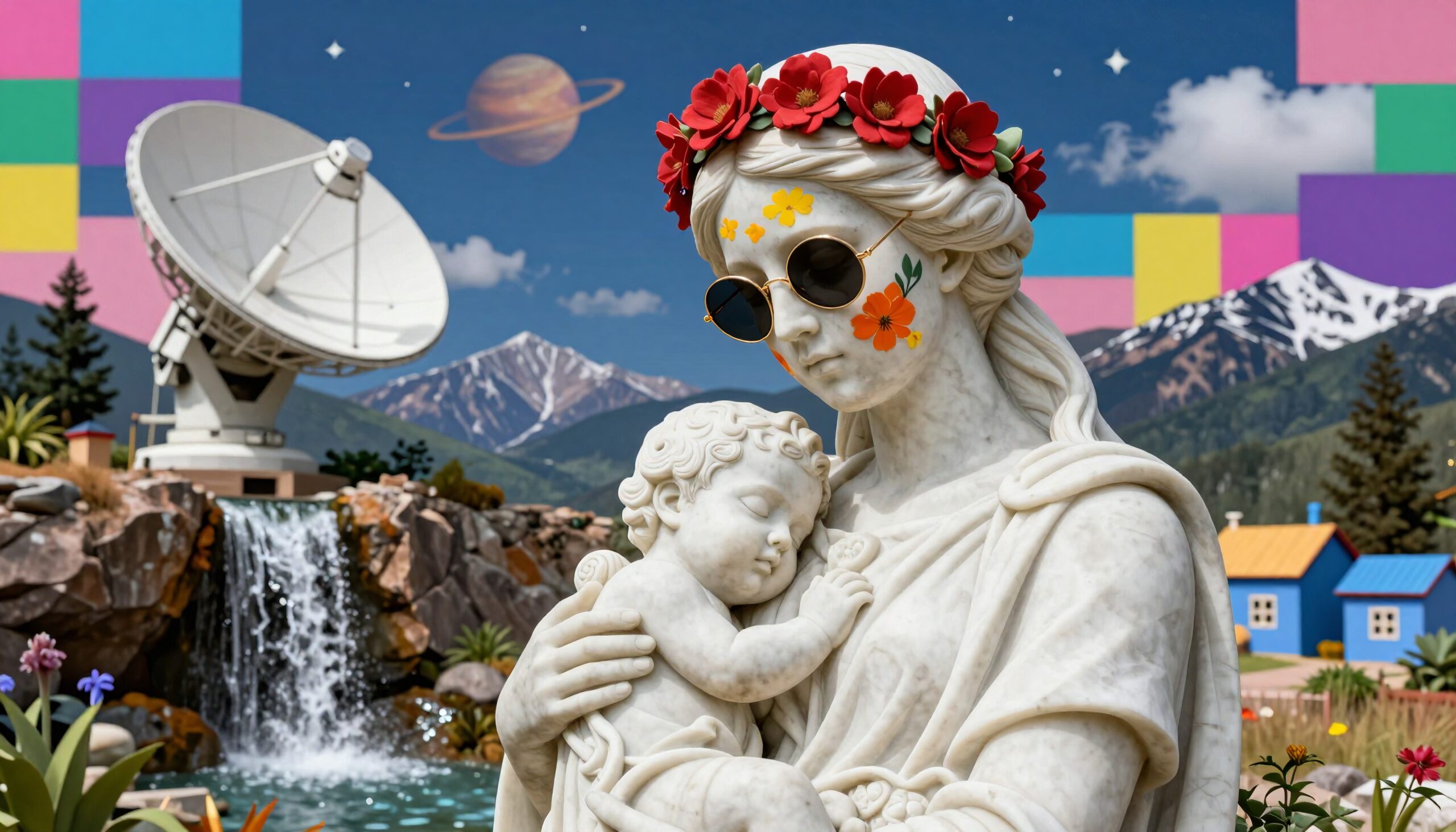 A marble statue with modern adornments amidst a surreal landscape featuring mountains, a satellite dish, and a waterfall.