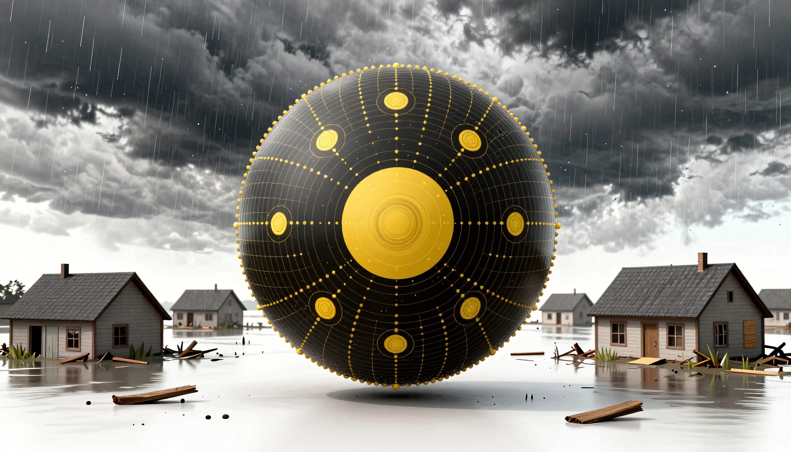 A large black and yellow sphere hovers above flooded houses with dark clouds.