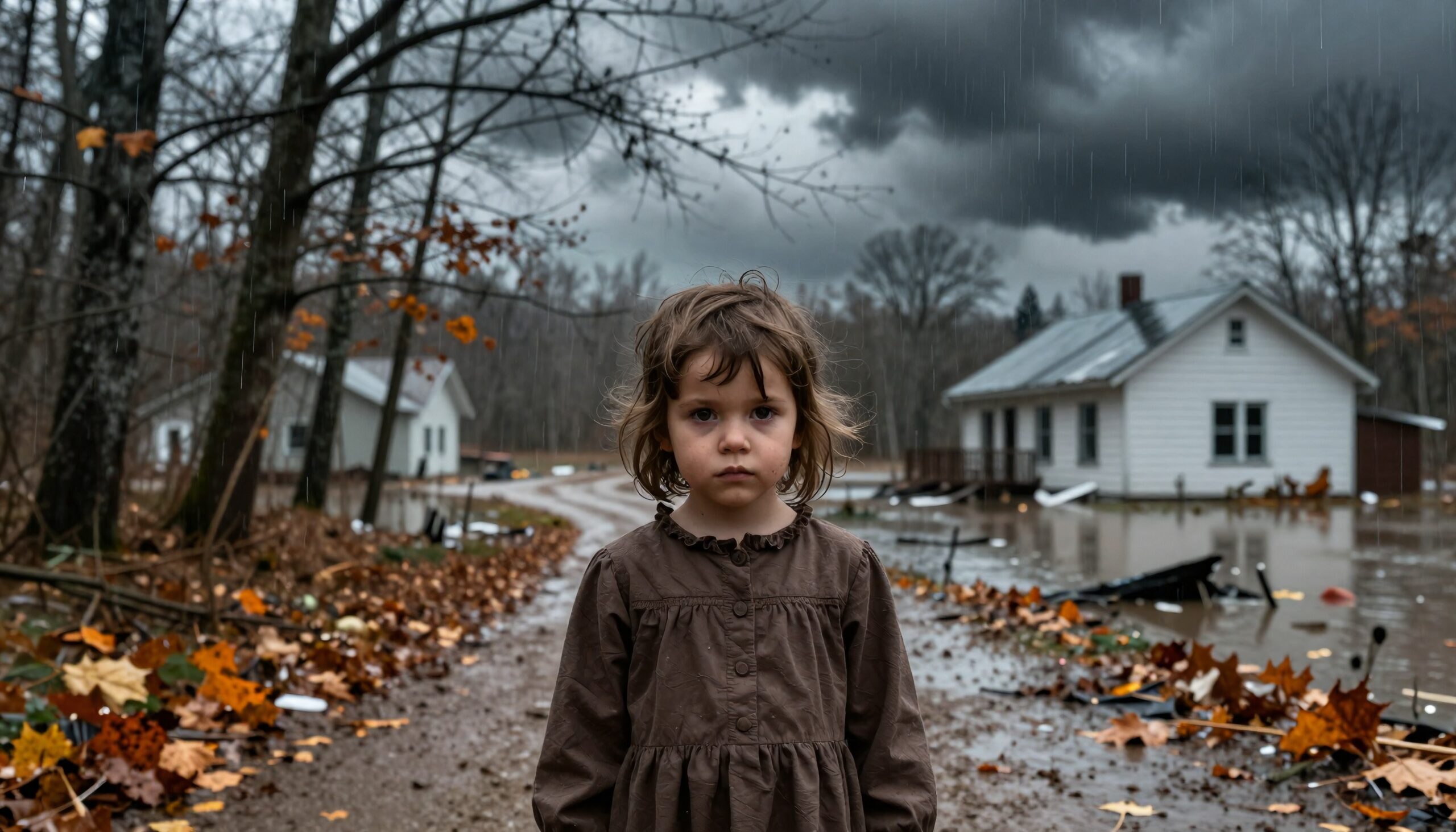 A young girl stands solemnly amidst autumn leaves and floodwaters under a stormy sky, conveying resilience in nature's aftermath.