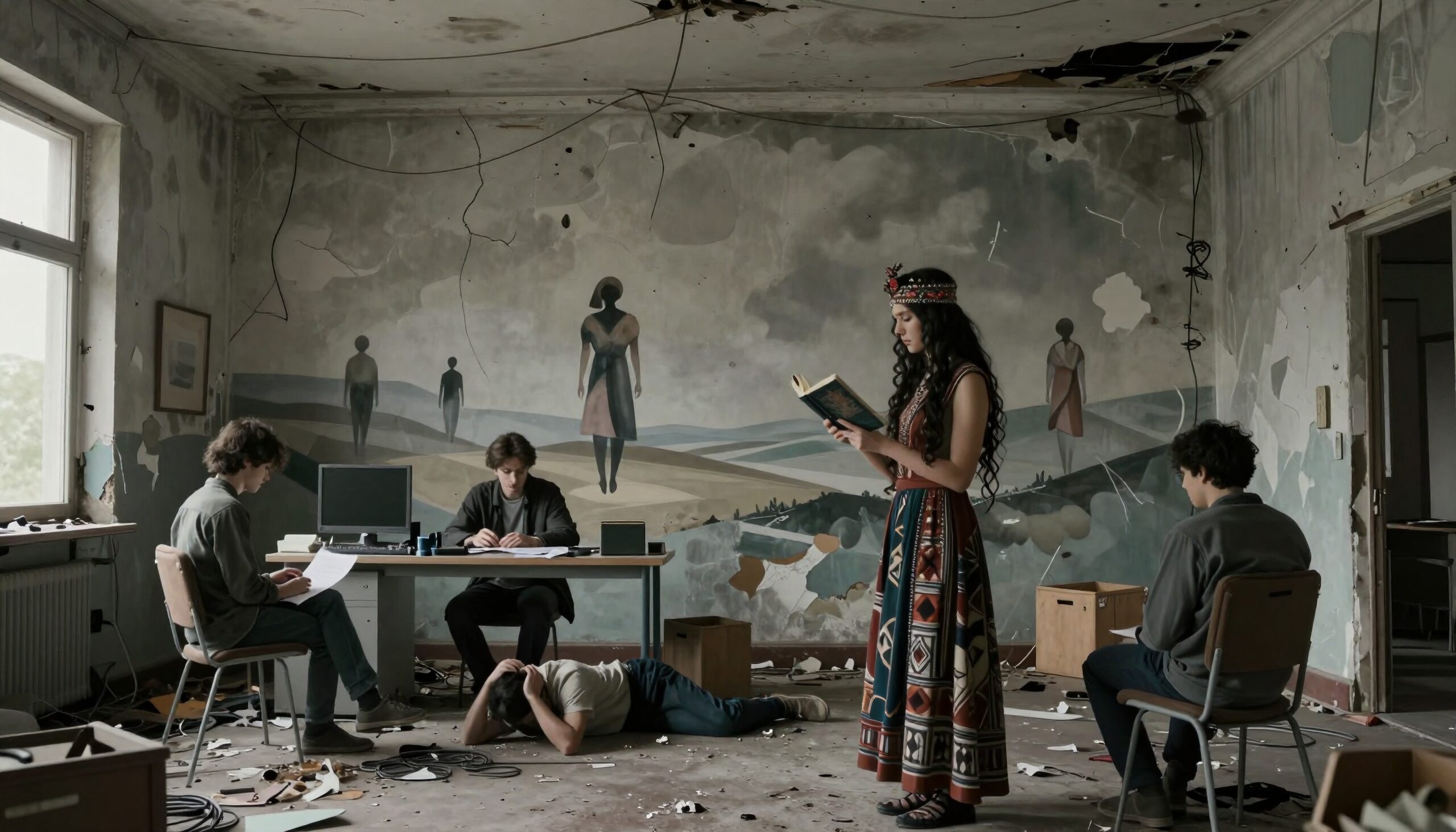 Group of people in a dilapidated room with surreal mural backdrop and engaged in mixed activities.