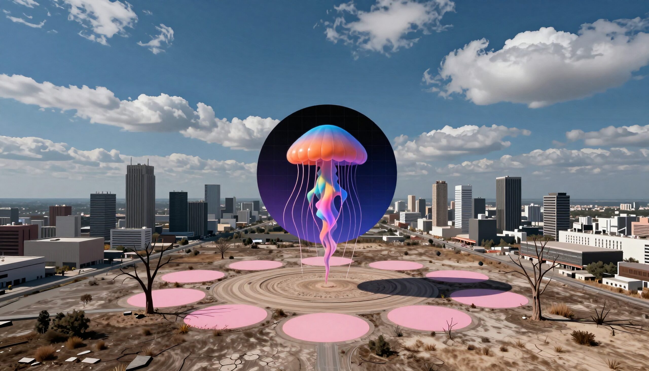 Surreal jellyfish levitates above deserted cityscape.
