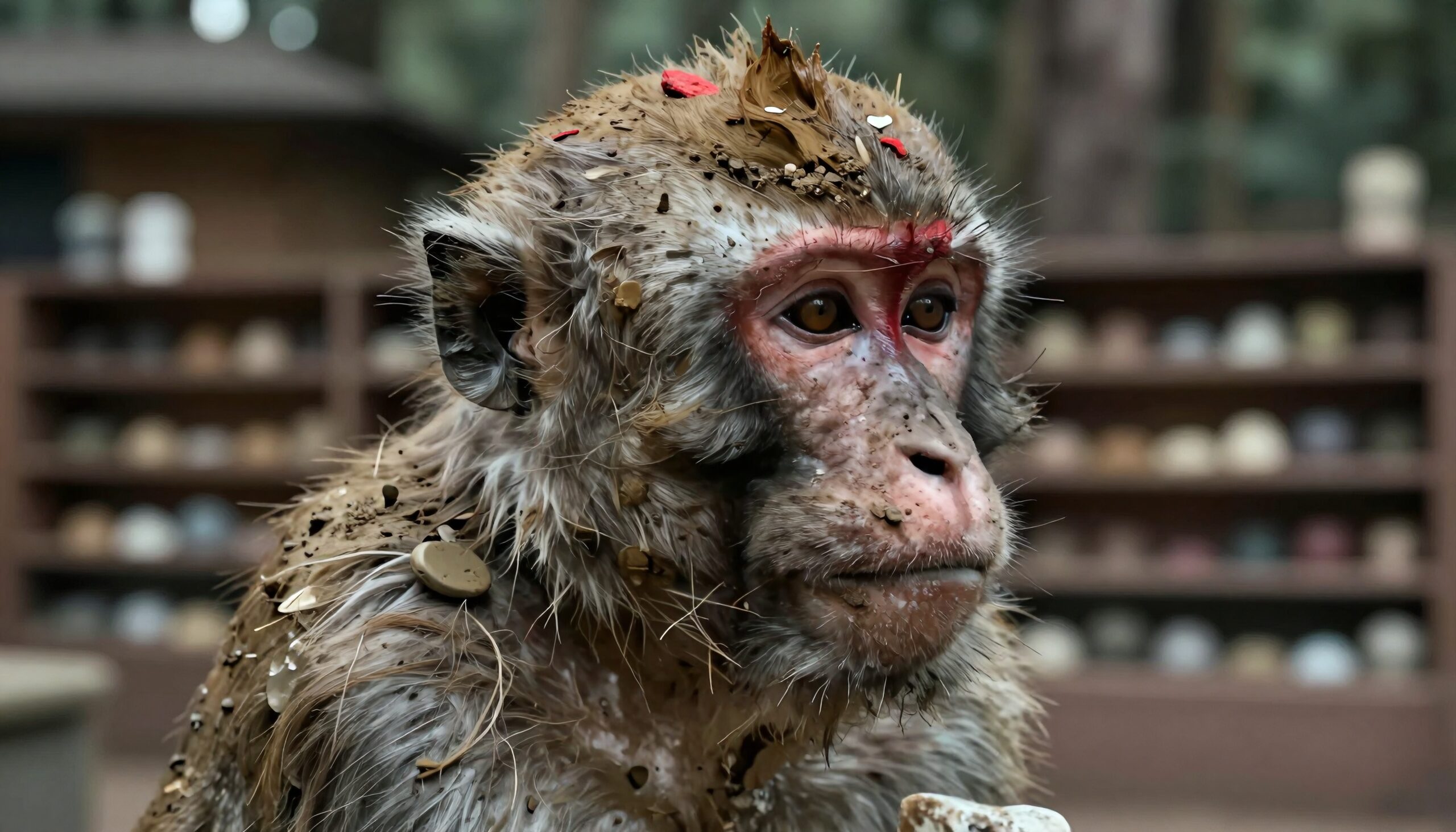 A close-up portrait of a muddy monkey with debris, showcasing its natural habitat and expressive features.