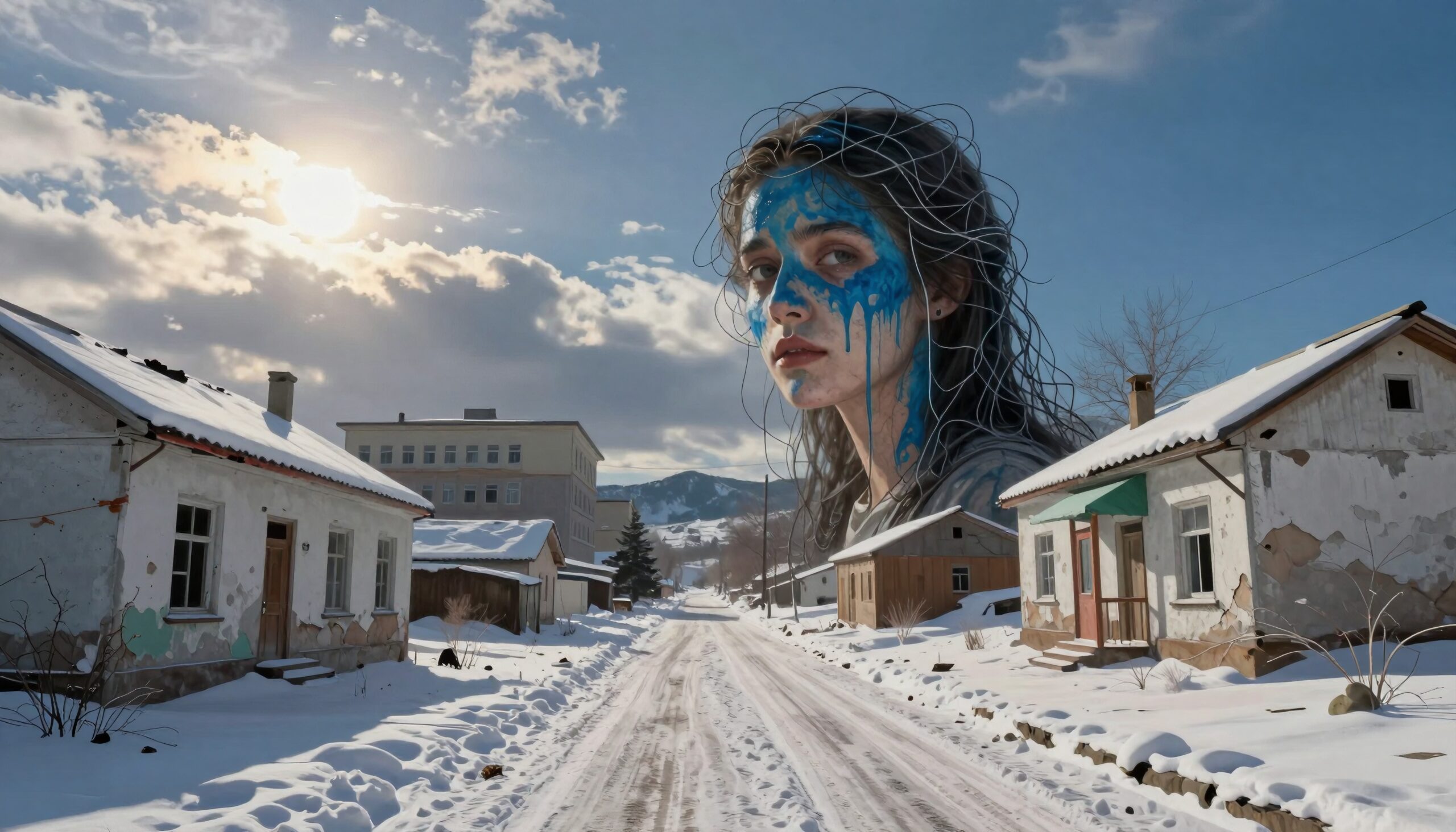 Winter scene with snowy village and woman's painted face in sky.
