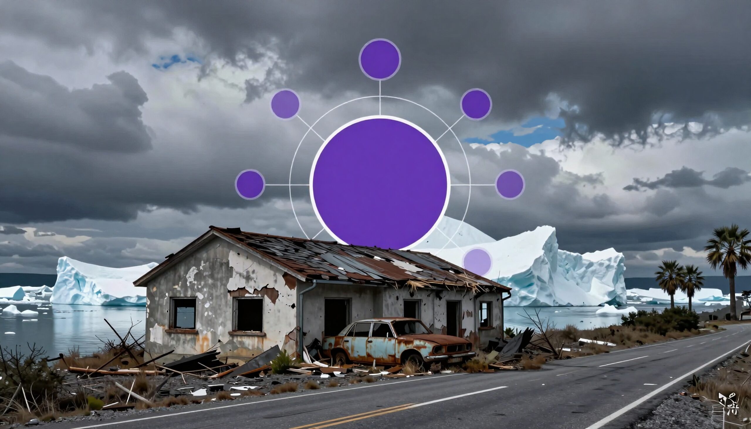Dilapidated house, rusted car, icebergs, purple circles.