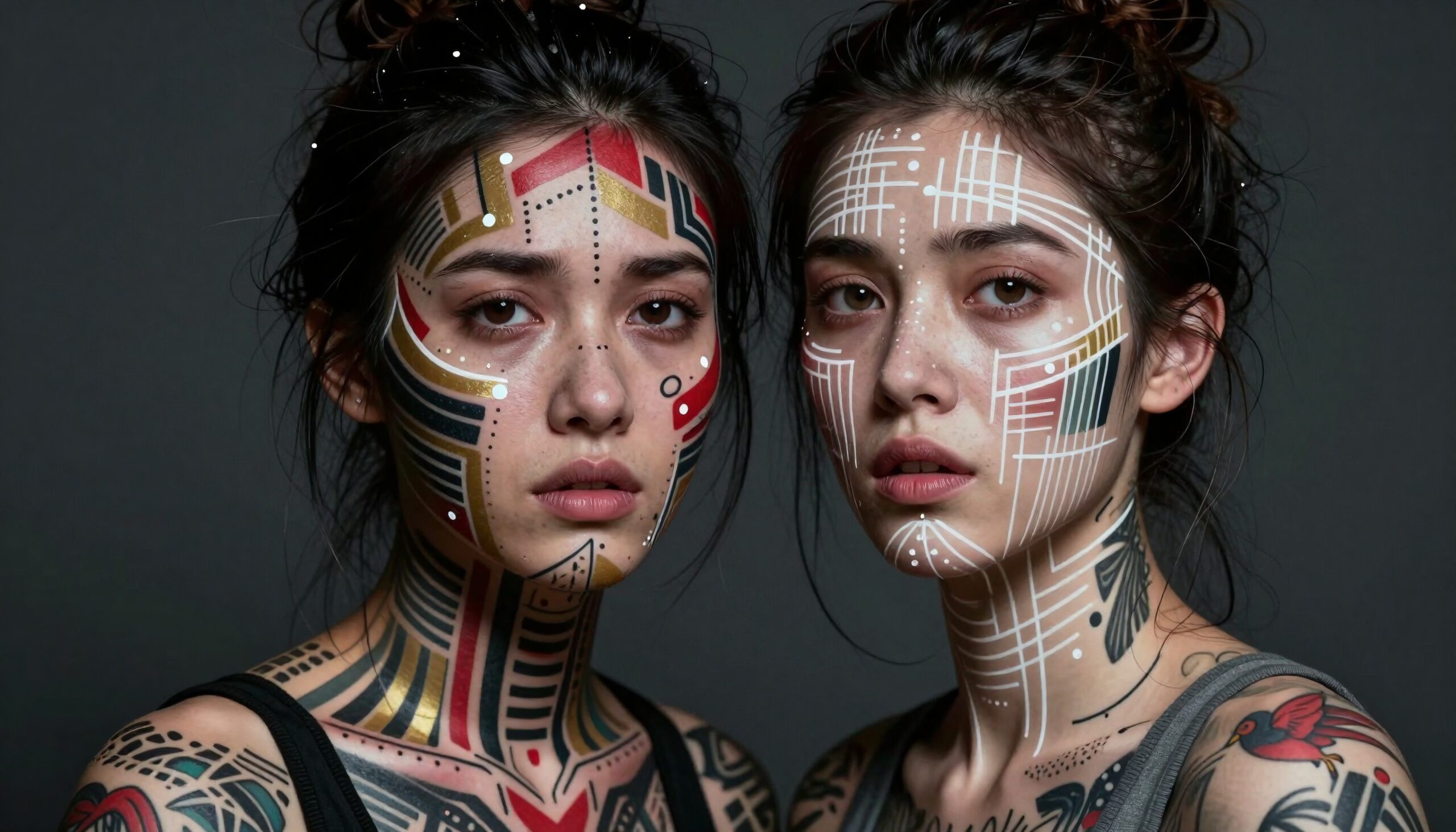 Two women with intricate face paint and tattoos in tribal-inspired designs.
