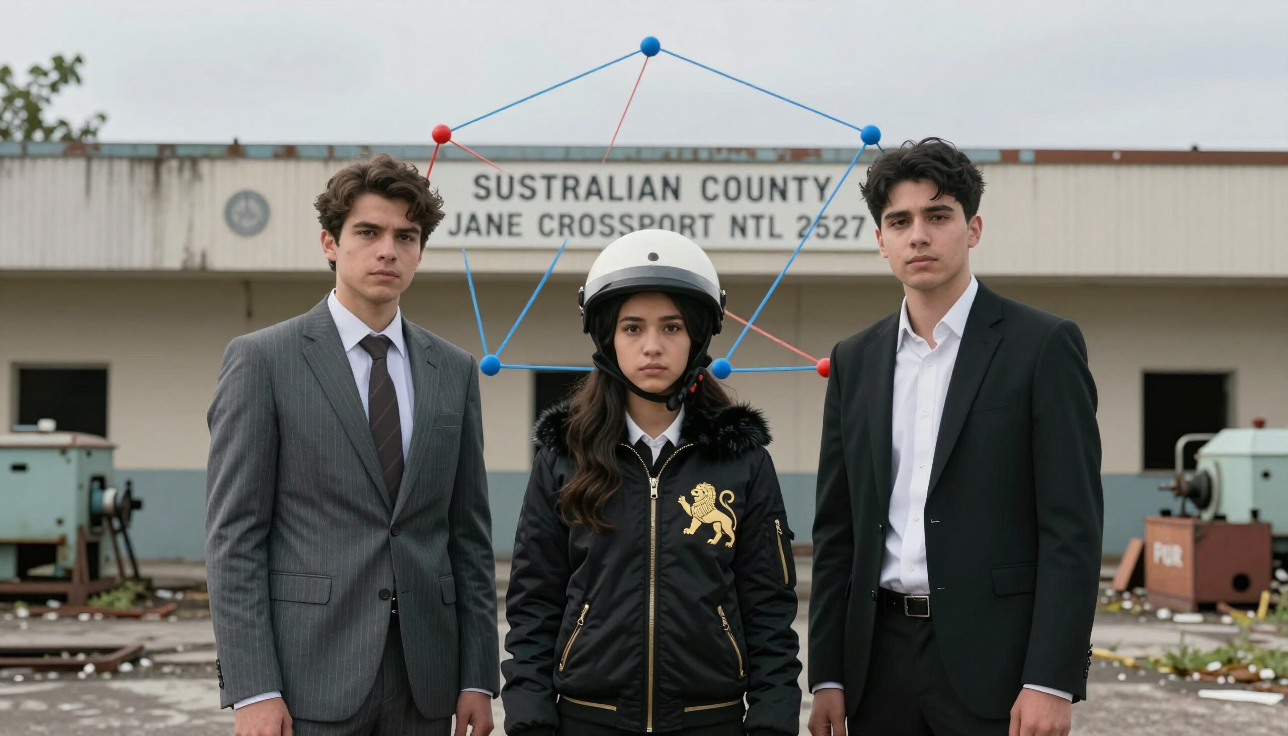 Three people in formal attire with a geometric helmet structure in front of a building.