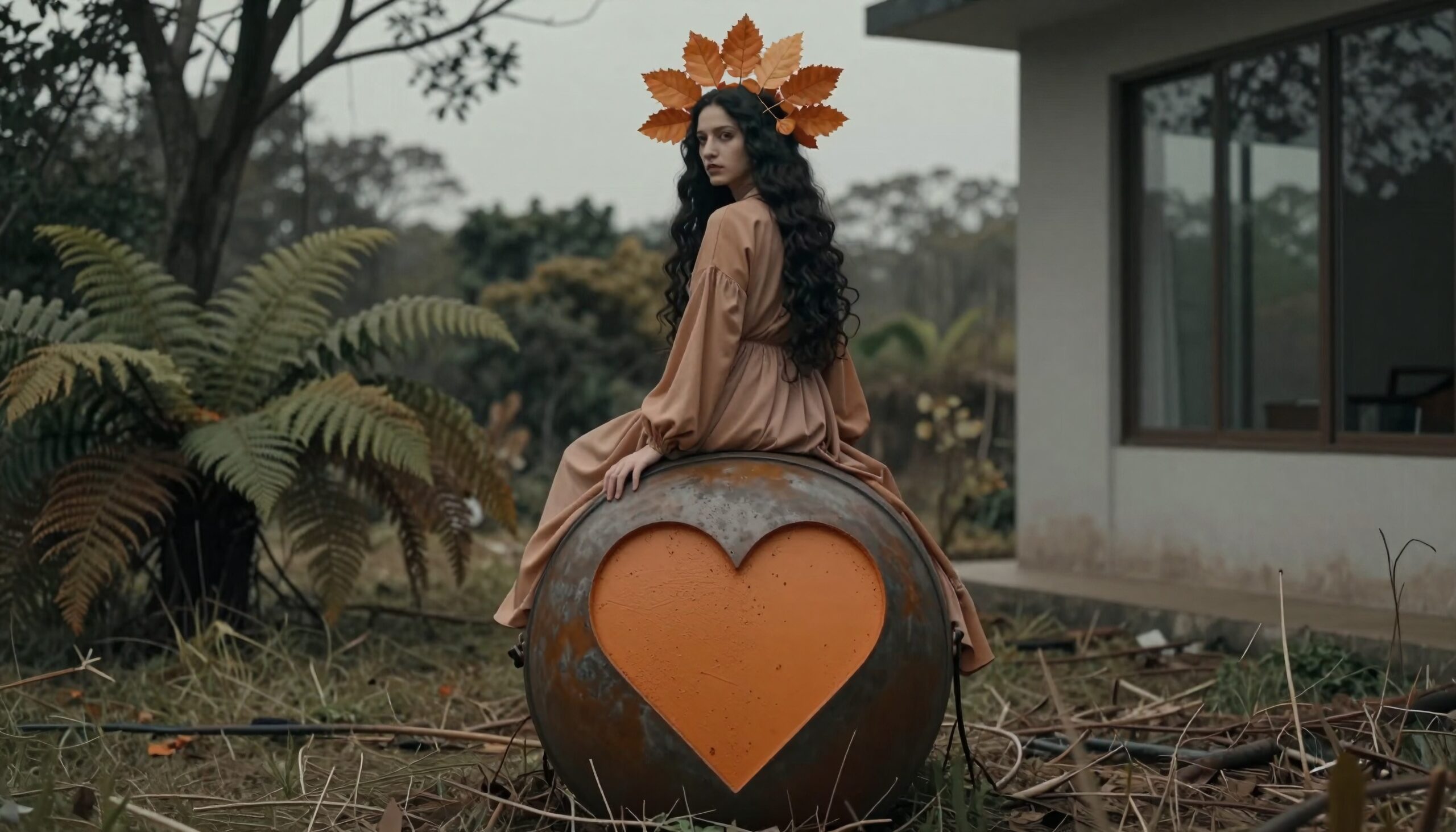 A woman with long hair sits on a sphere with a heart, wearing a dress and leaf crown in a natural setting.