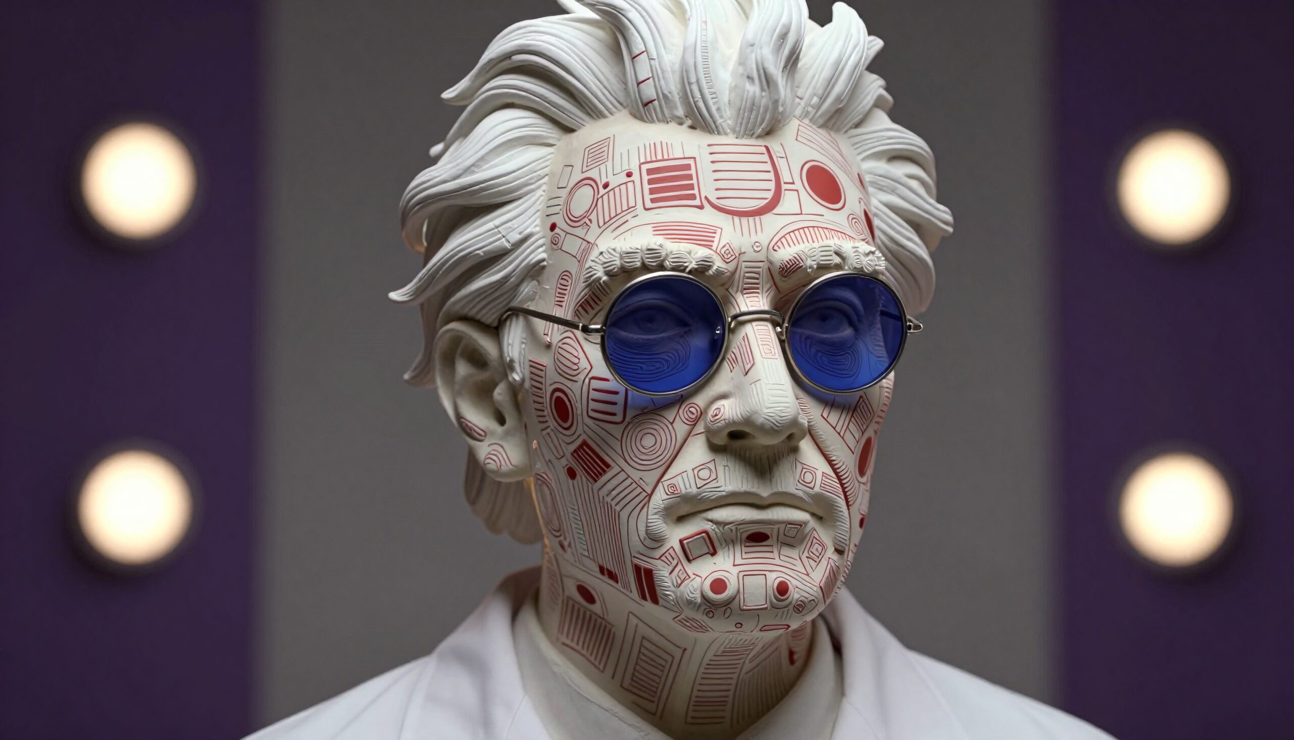 Futuristic sculpture of a man's portrait with digital patterns and blue sunglasses.