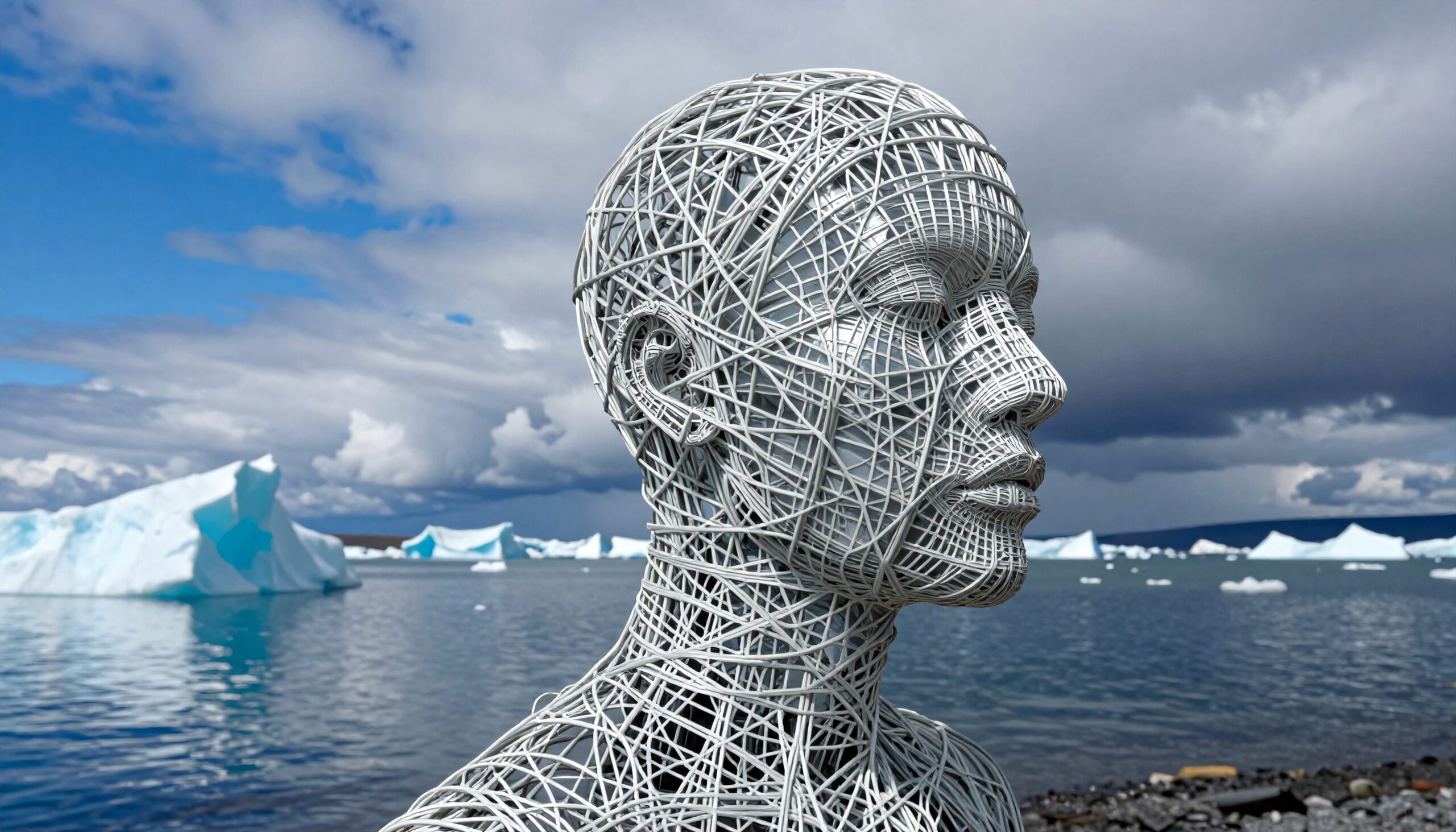 A modern wire sculpture of a human head with icy landscape in background.