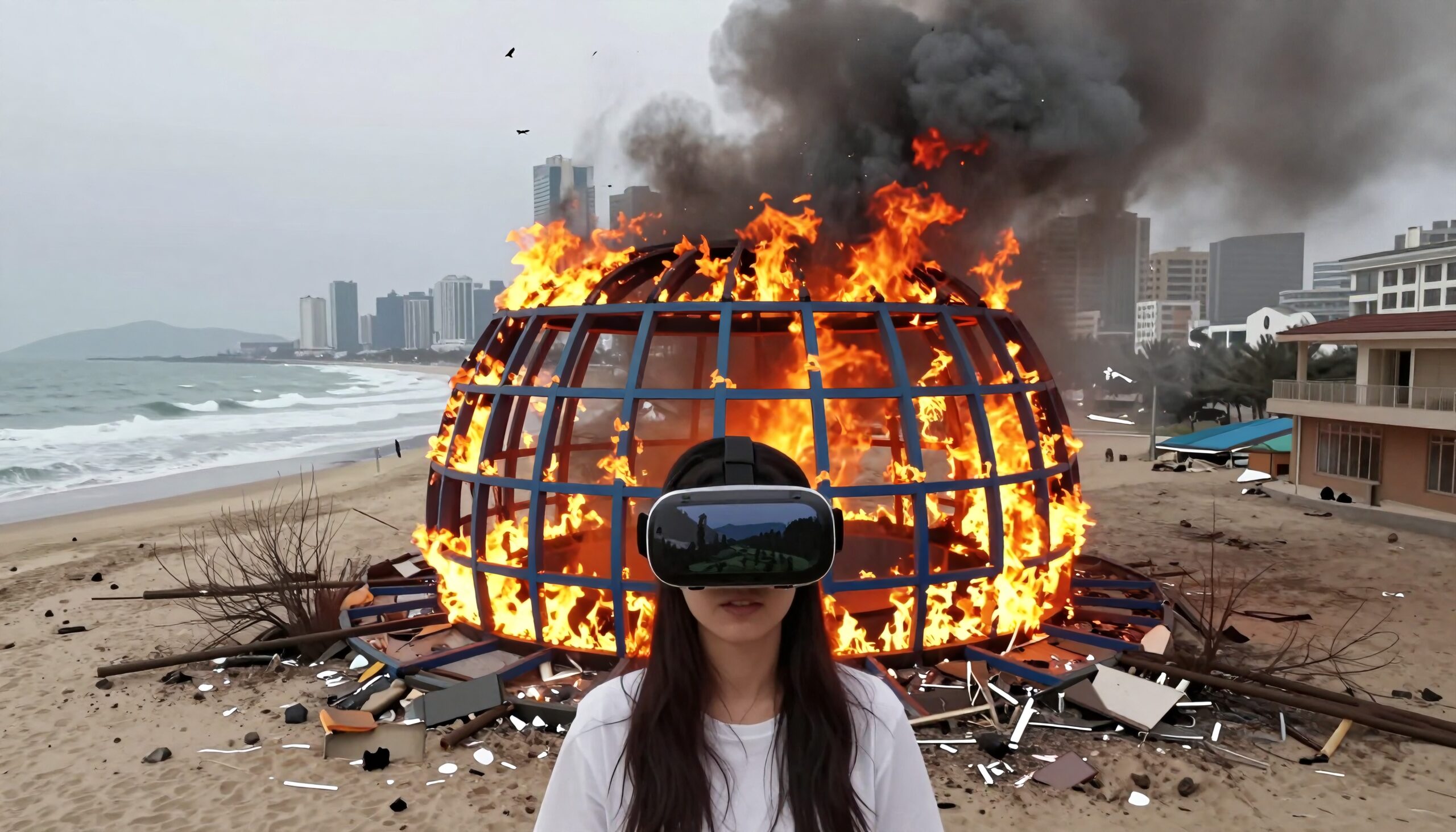 A woman in VR headset stands on a beach with a burning spherical structure behind her.