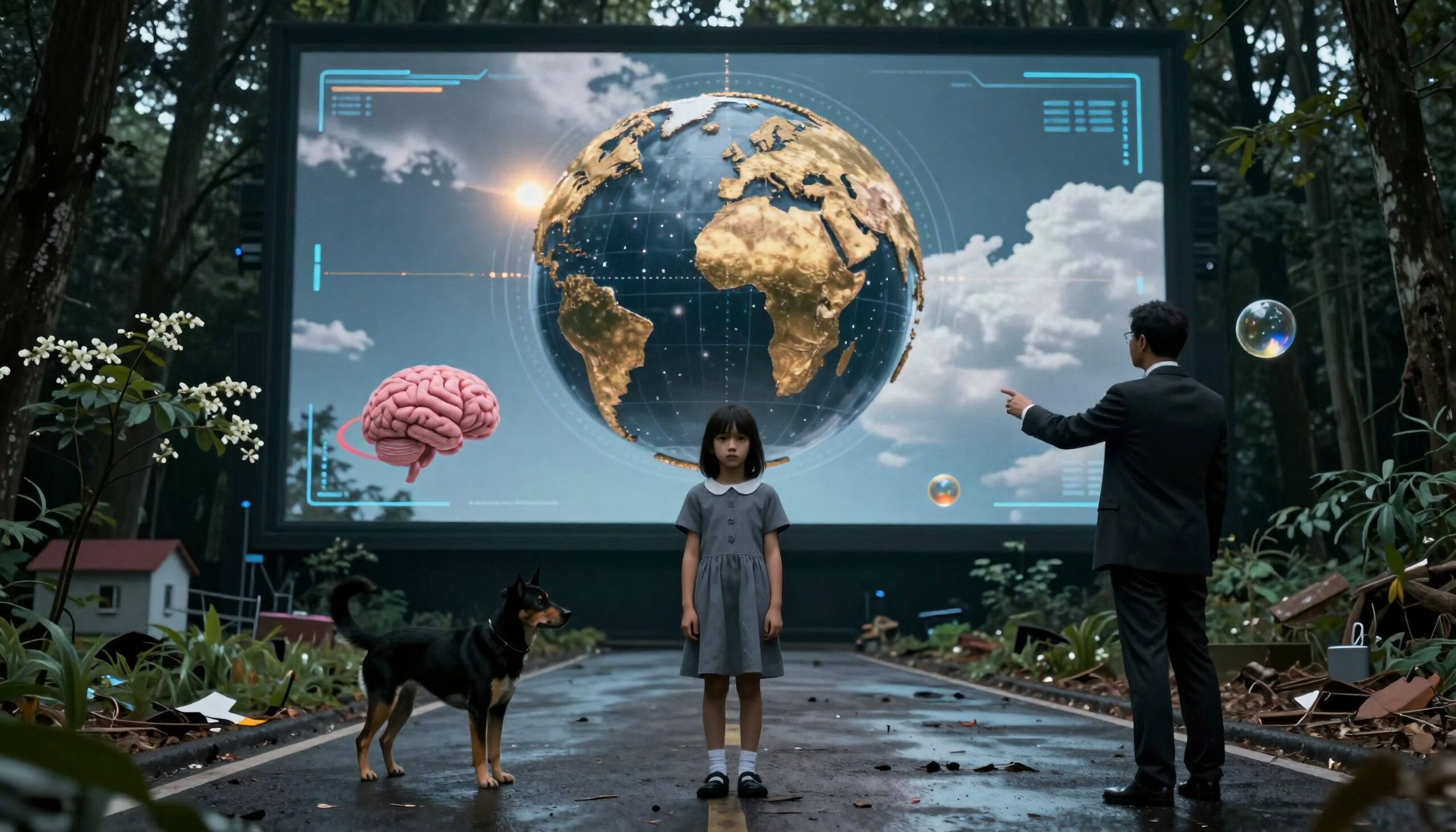 A young girl and a dog stand in a futuristic forest, facing a large digital screen displaying Earth and a brain hologram.