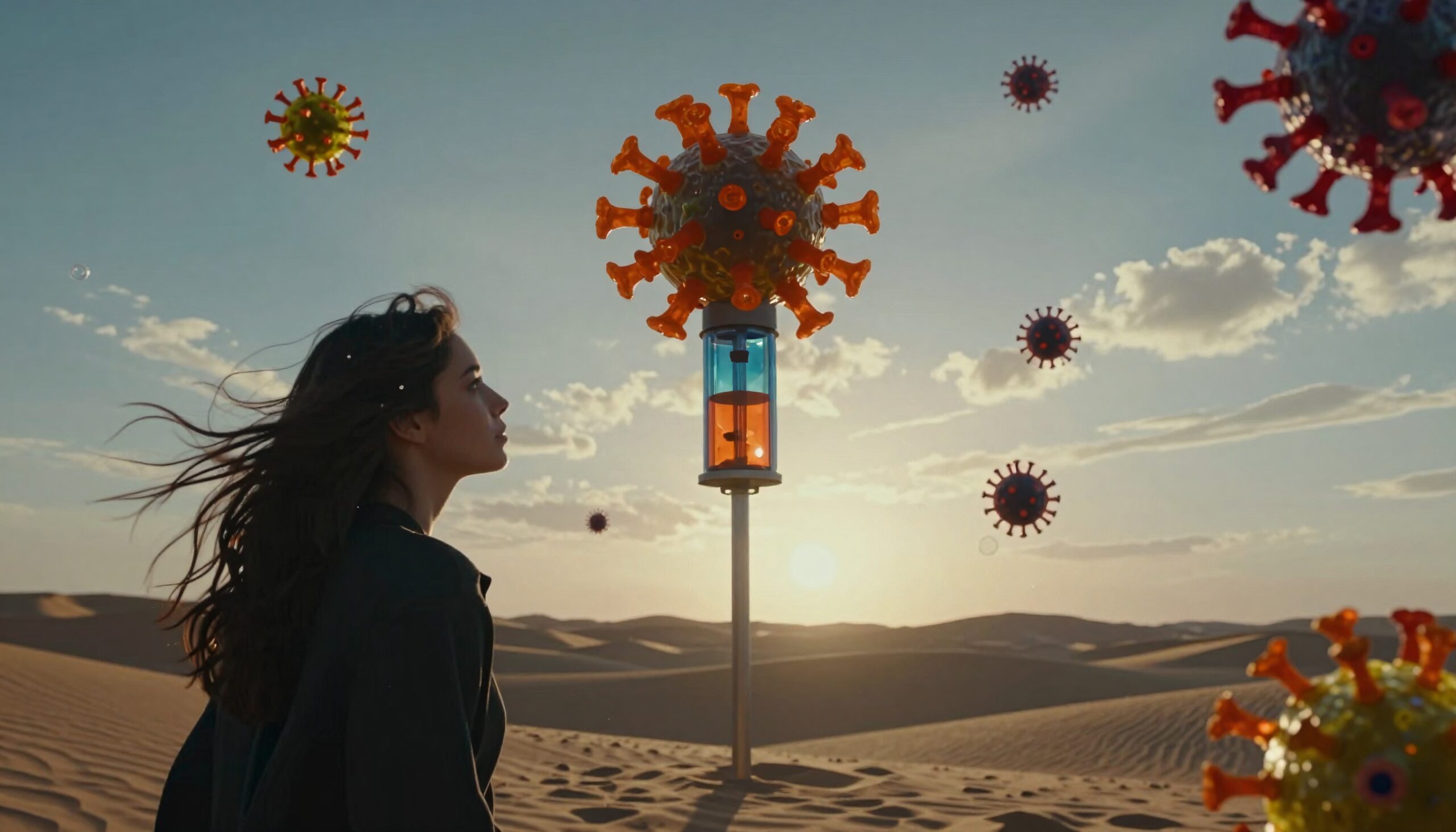 A woman in a desert gazes at floating virus-like structures at sunset.