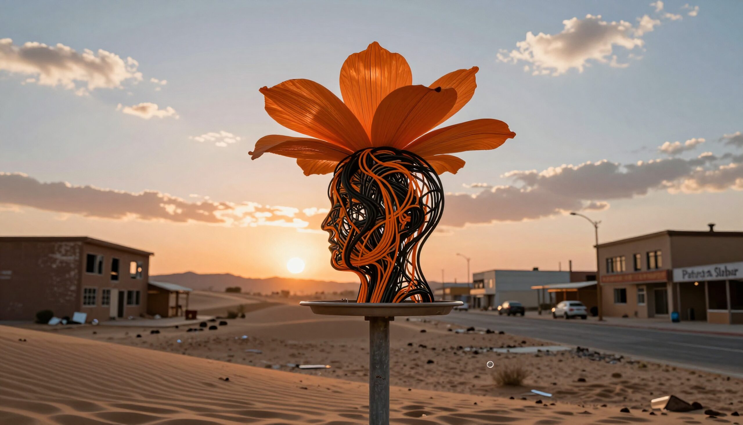 A metal head sculpture with an orange flower in a desert setting at sunset.